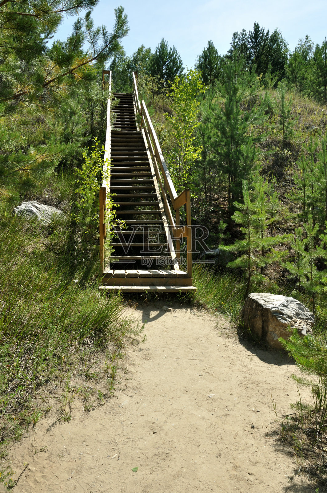 夏天阳光明媚的日子里，从山脚到山顶的长木楼梯长满了青草。照片摄影图片
