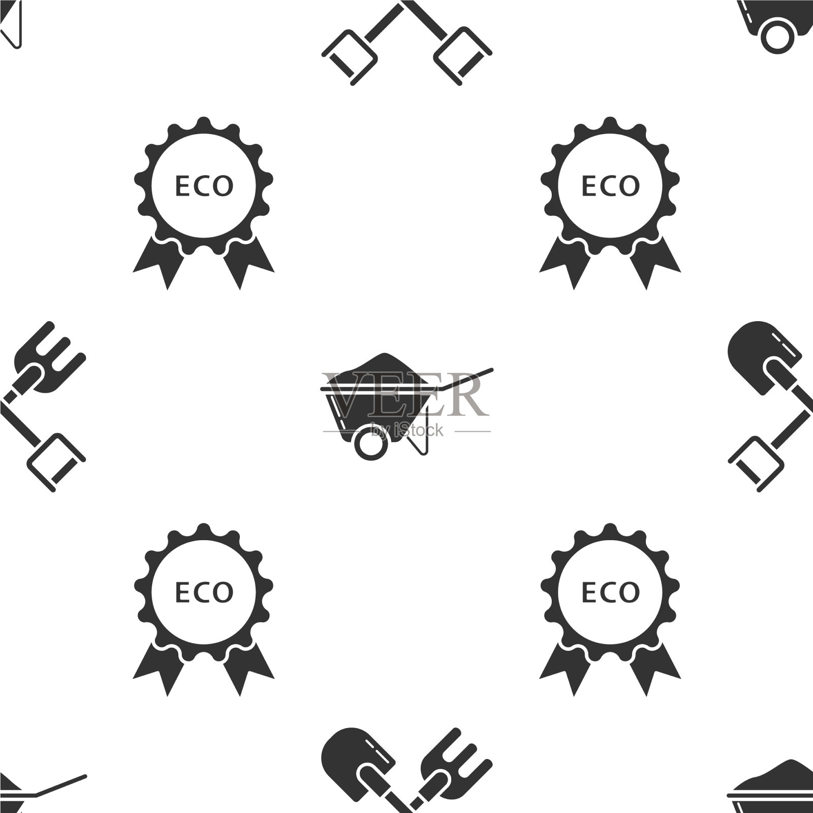 装铲和耙手推车和泥土图标素材