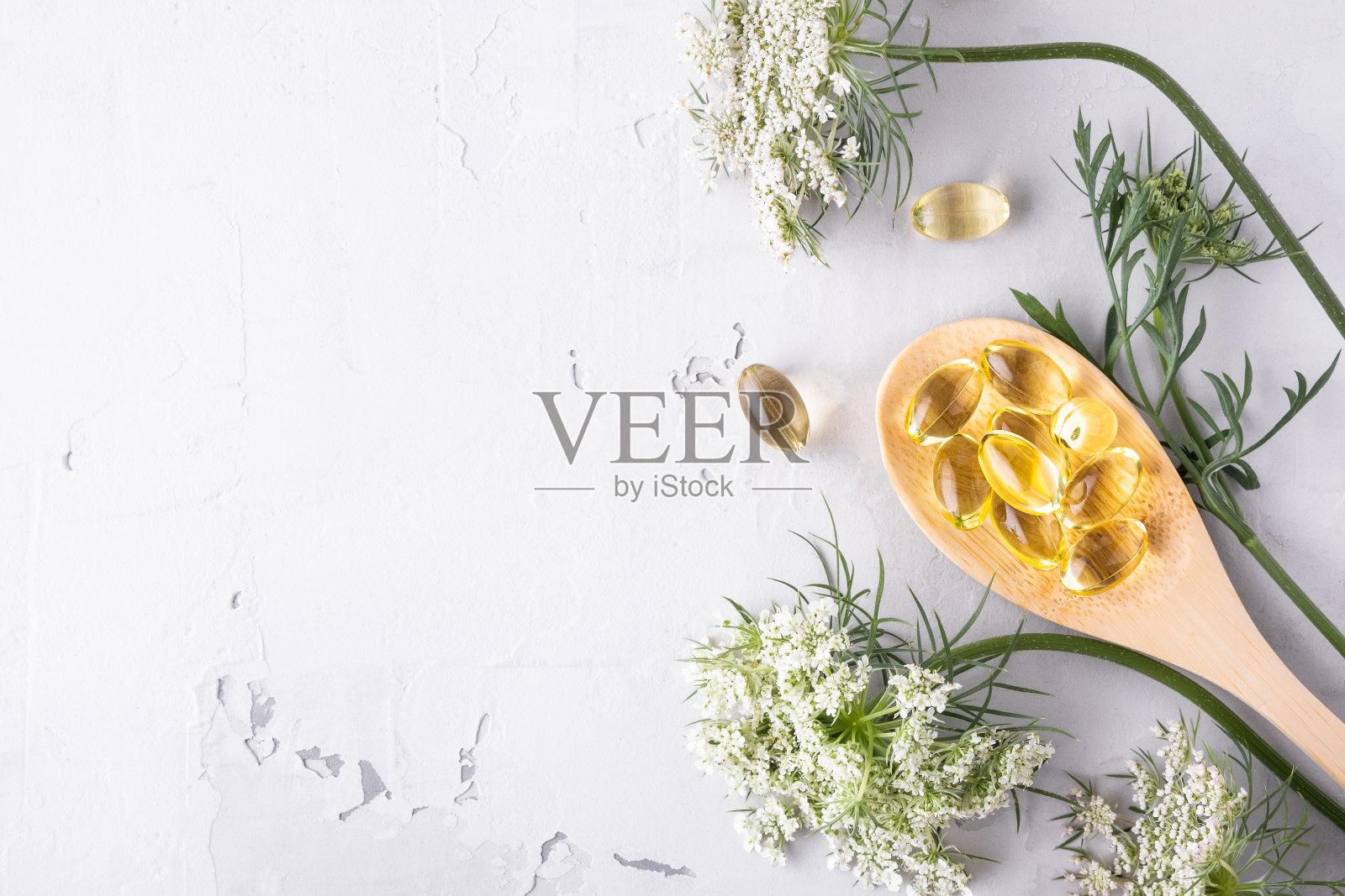 替代医学，自然疗法，顺势疗法和膳食补充。在灰色背景上的胶囊草药和甘菊植物照片摄影图片