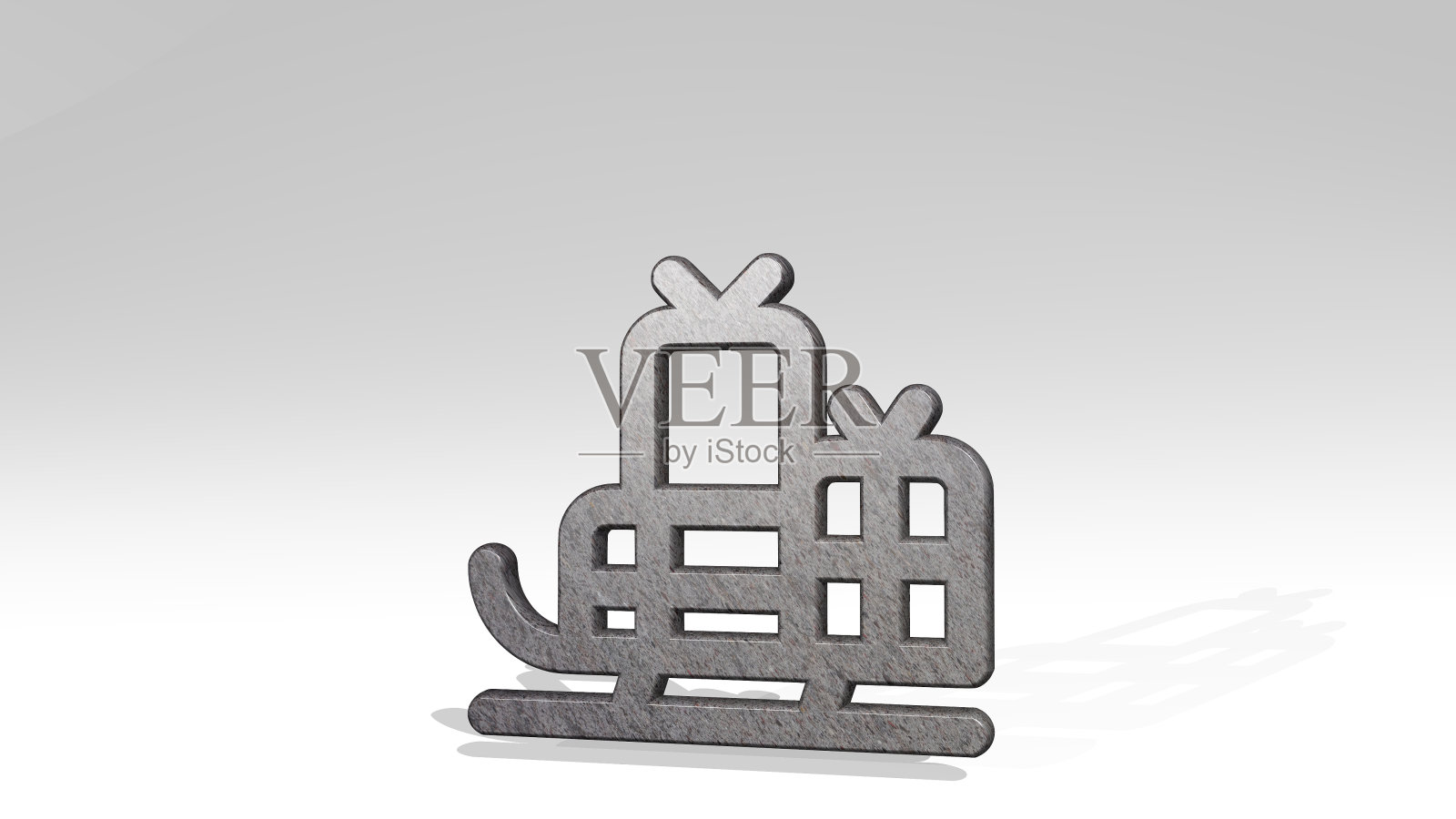 从圣诞礼物投射阴影的角度来看。一个用金属材料制作的厚雕塑的3D渲染。背景和插图照片摄影图片