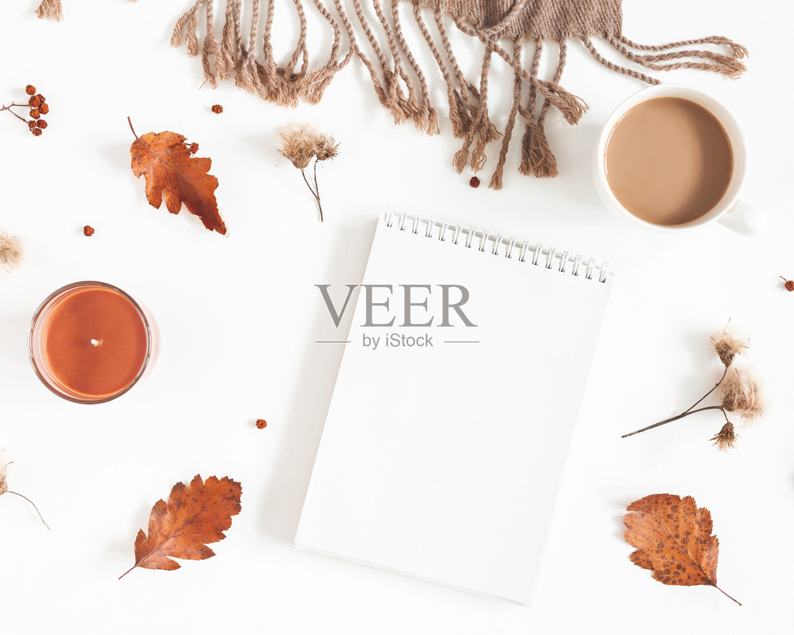秋天的成分。咖啡杯，格子，记事本，白色背景上的秋叶。平铺，俯视图，拷贝空间照片摄影图片
