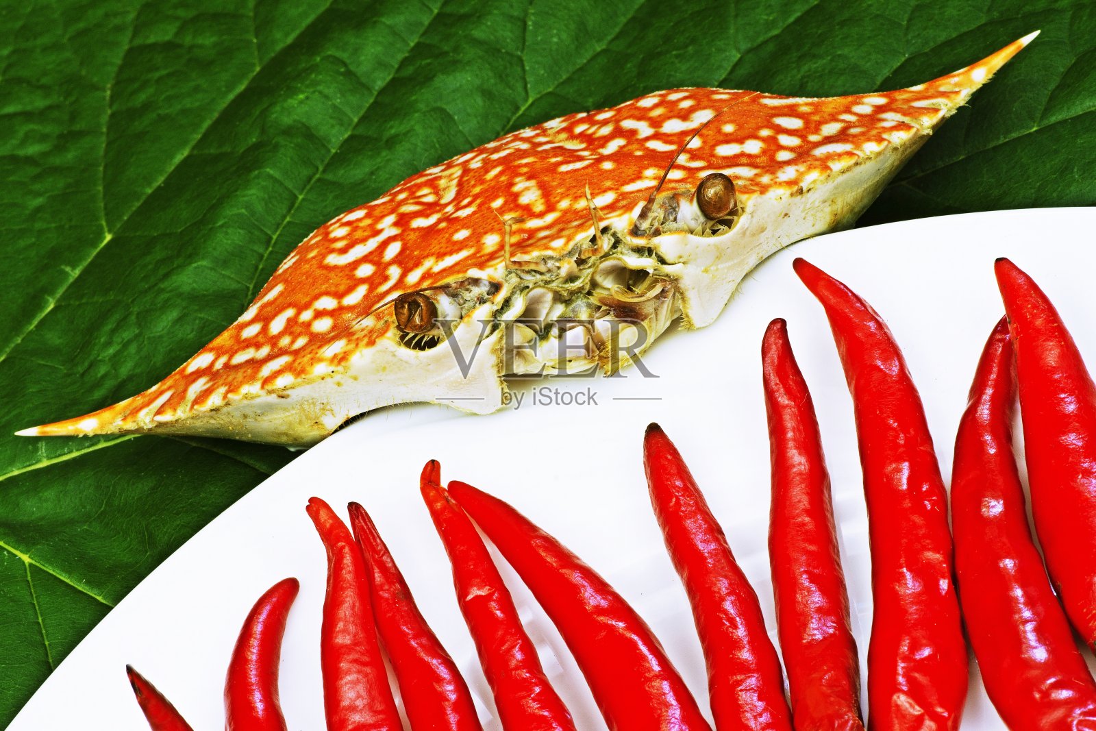 清蒸蟹壳上的海鲜盘。照片摄影图片