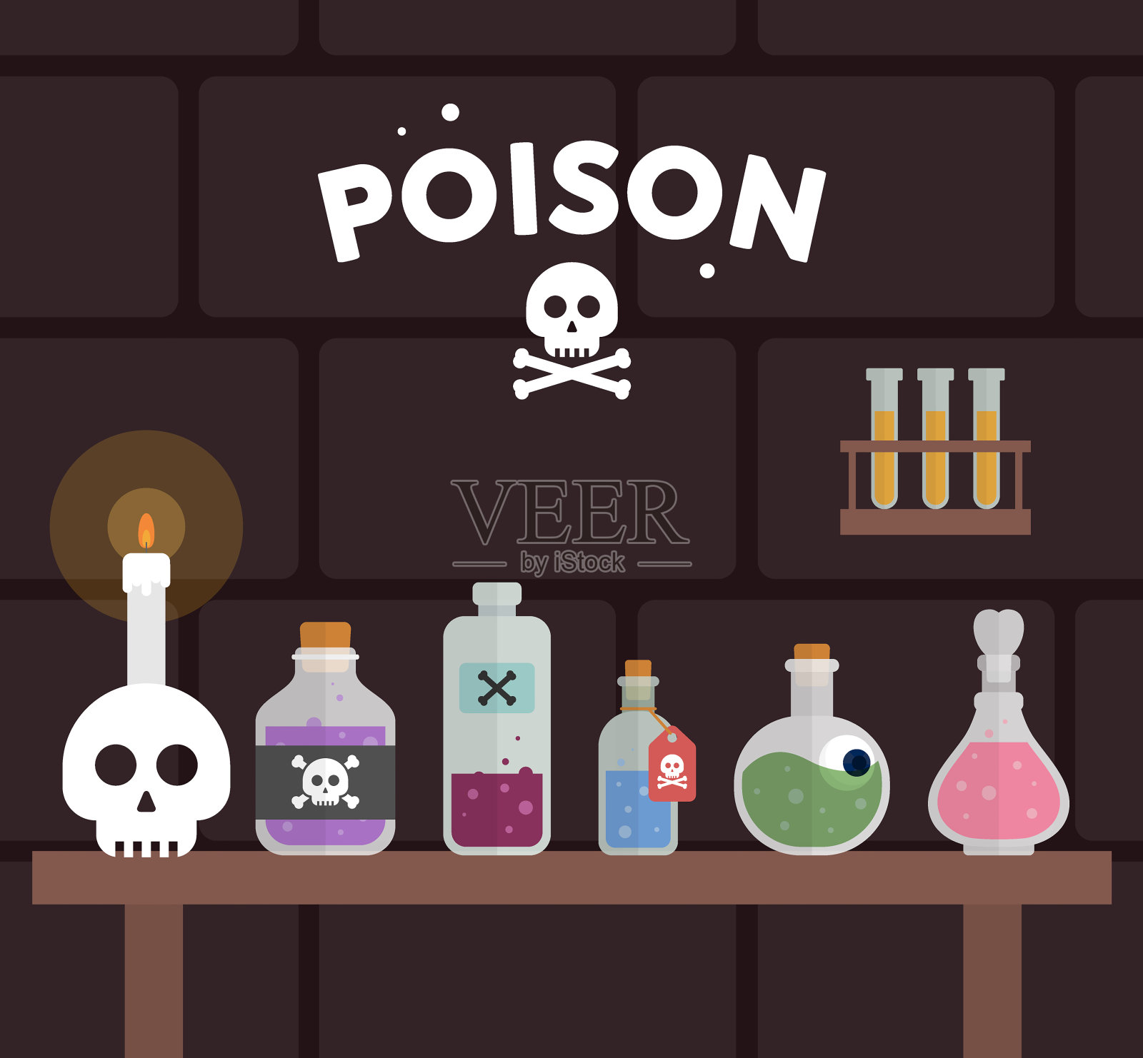 魔法药水瓶图标集。罐，炼金术魔术饮料，长生不老药或毒药。烧瓶,表。蜡烛，魔术师内部与魔术配件。幻想，女巫屋，万圣节。平面向量插图插画图片素材