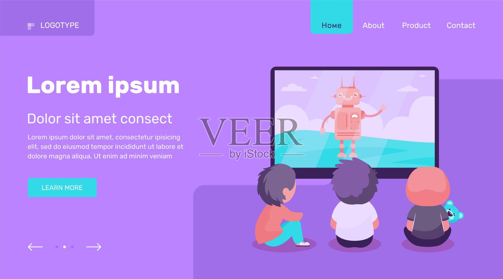 孩子们和机器人一起看动画片插画图片素材