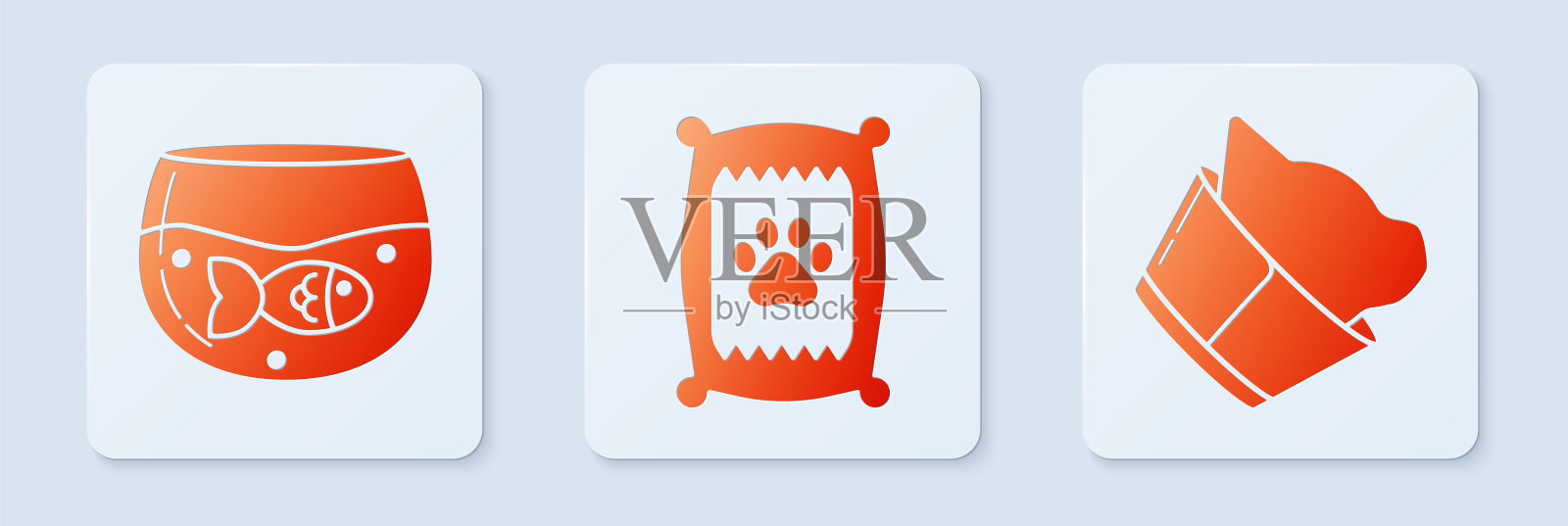 集狗粮袋，水族馆与鱼和兽医诊所标志。白色正方形按钮。向量插画图片素材