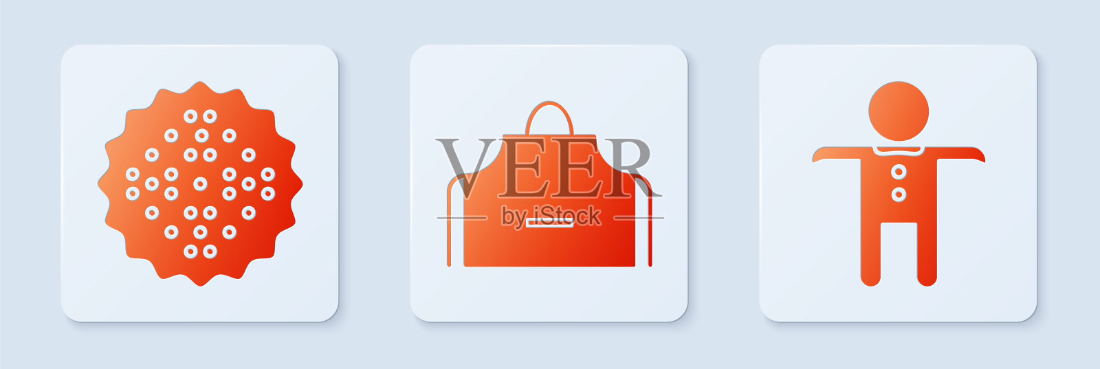 厨房围裙，饼干和假日姜饼人饼干。白色方形按钮。向量插画图片素材