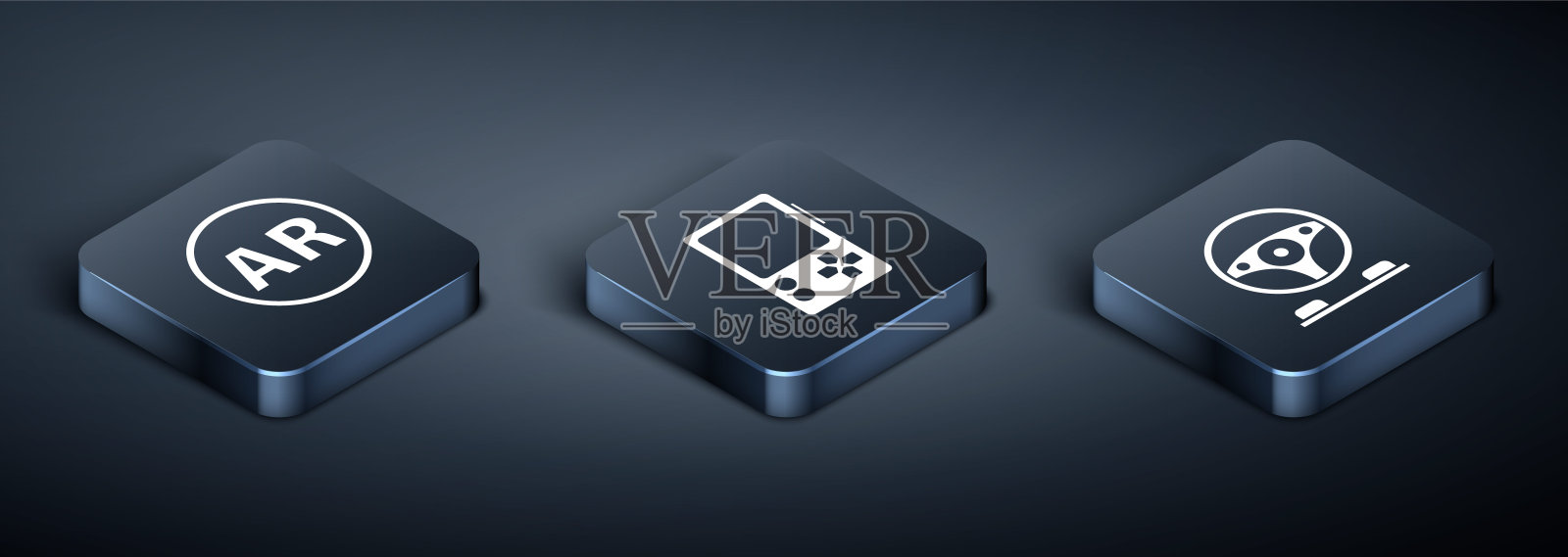 设置等距Ar，增强现实，赛车模拟器驾驶舱和便携式视频游戏控制台图标。向量图标素材