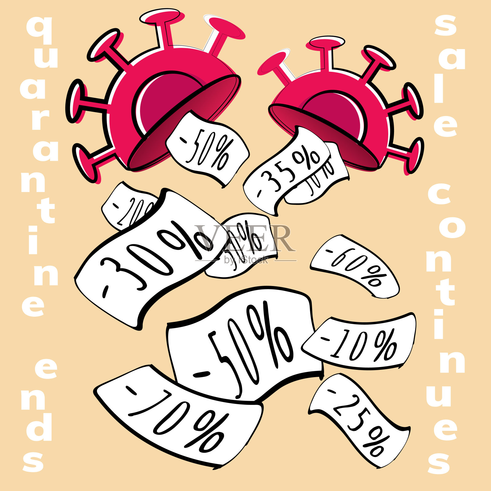 ． 隔离结束，销售继续。2019冠状病毒病大流行期间和之后的折扣。设计元素图片