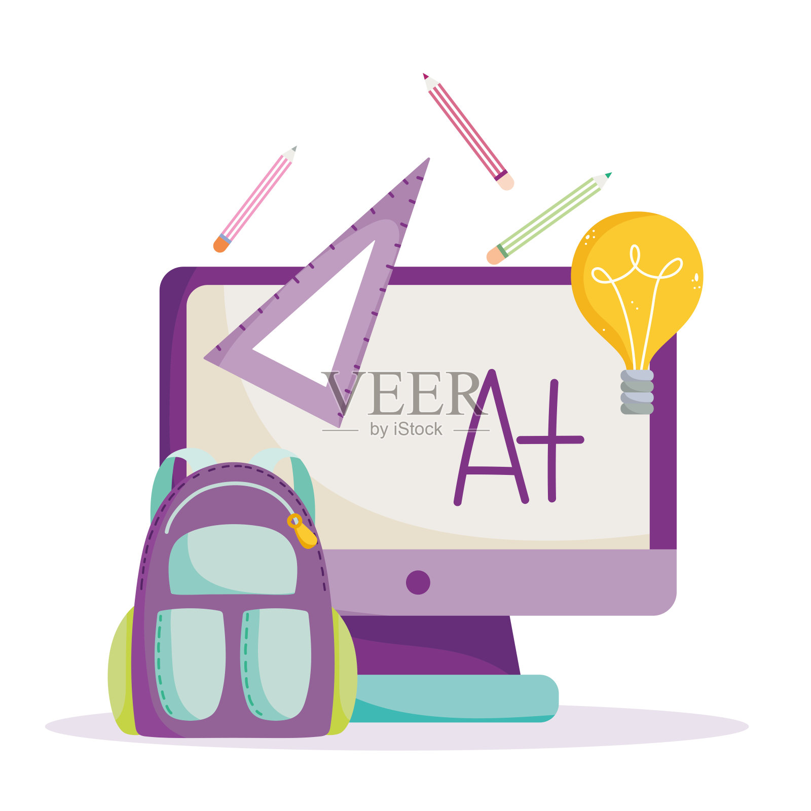 回到学校，网上电脑背包尺子铅笔创意小学教育漫画插画图片素材