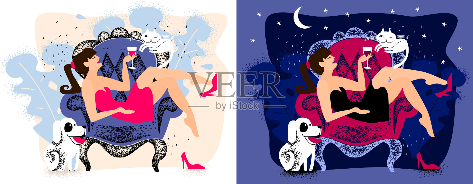 享乐主义。在家里休息喝酒的女孩。在家里的扶手椅上休息。放松的家庭假期，一杯葡萄酒一整天。从早上到晚上。插画图片素材