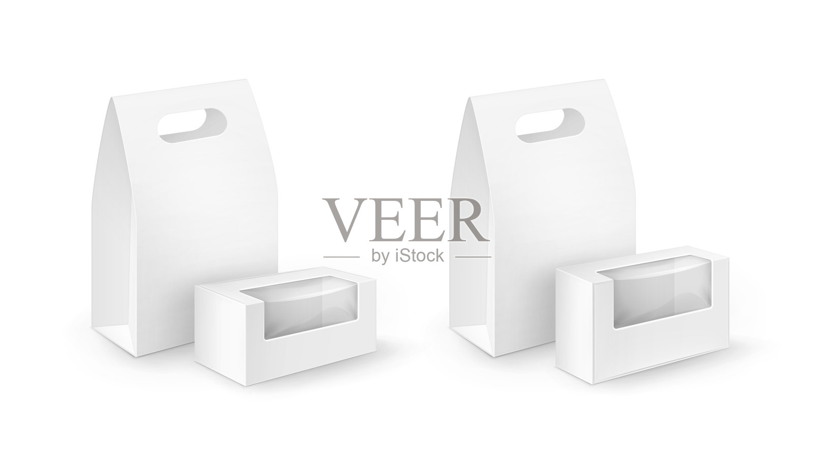 矢量组白色空白纸板矩形带走处理午餐盒包装的三明治，食物，礼物，其他产品与塑料窗户模拟近距离隔离在白色背景插画图片素材