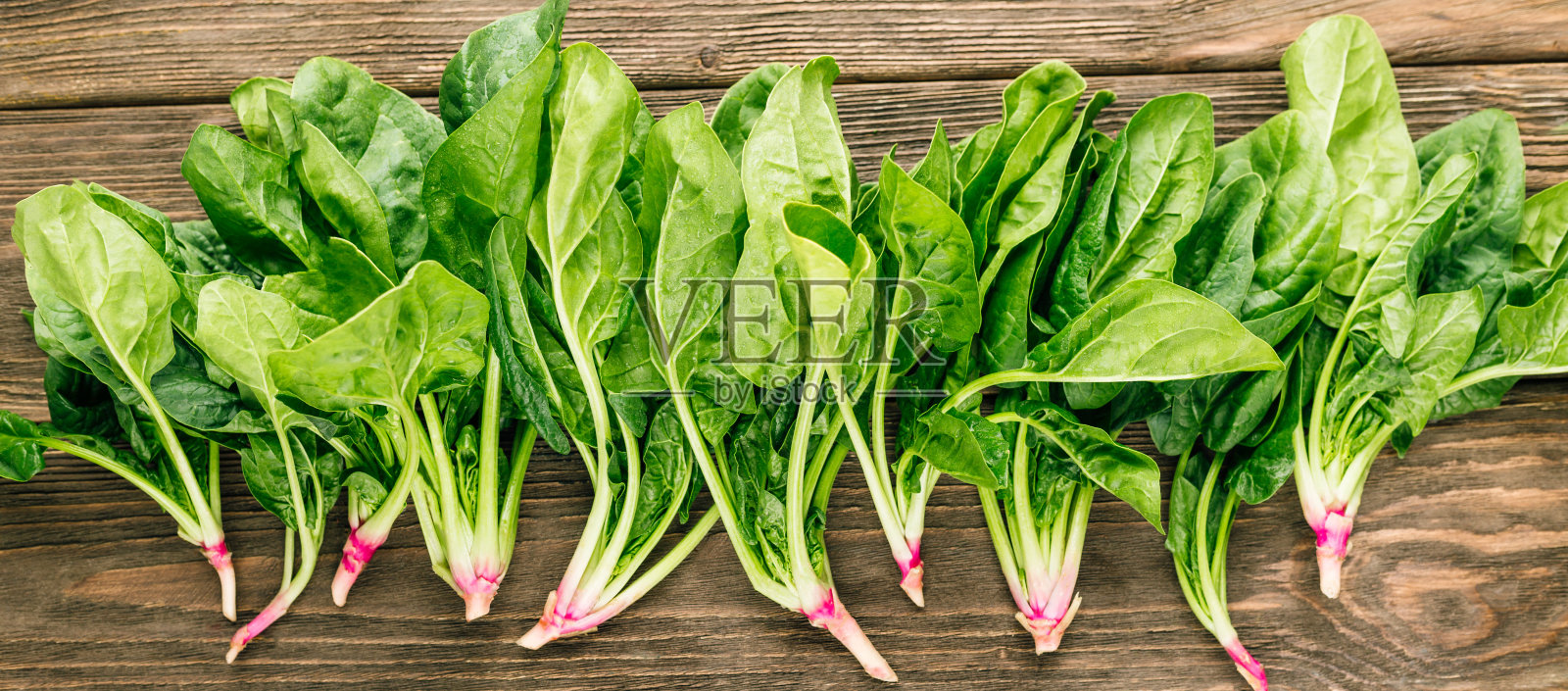 木质背景上的新鲜菠菜照片摄影图片