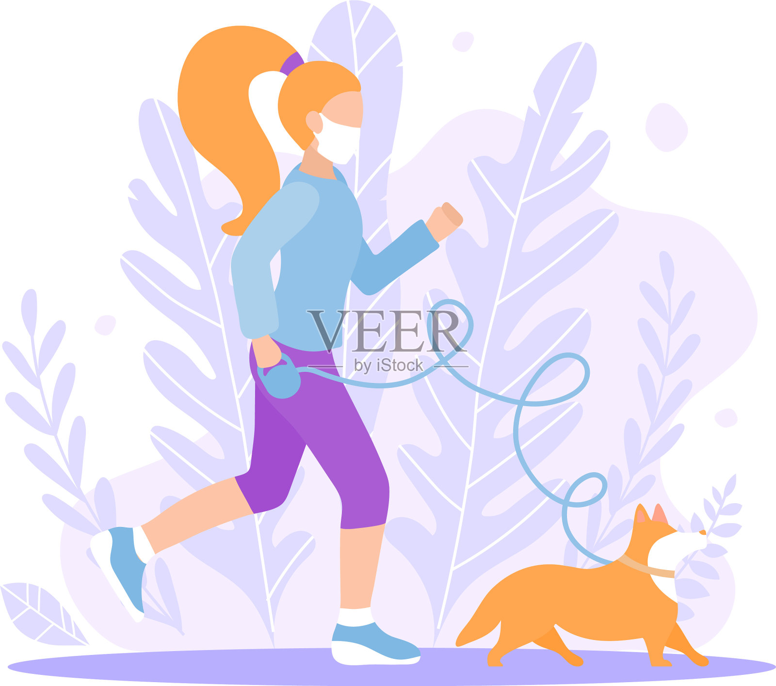 一个活泼的女孩戴着面具和一只柯基狗散步设计元素图片