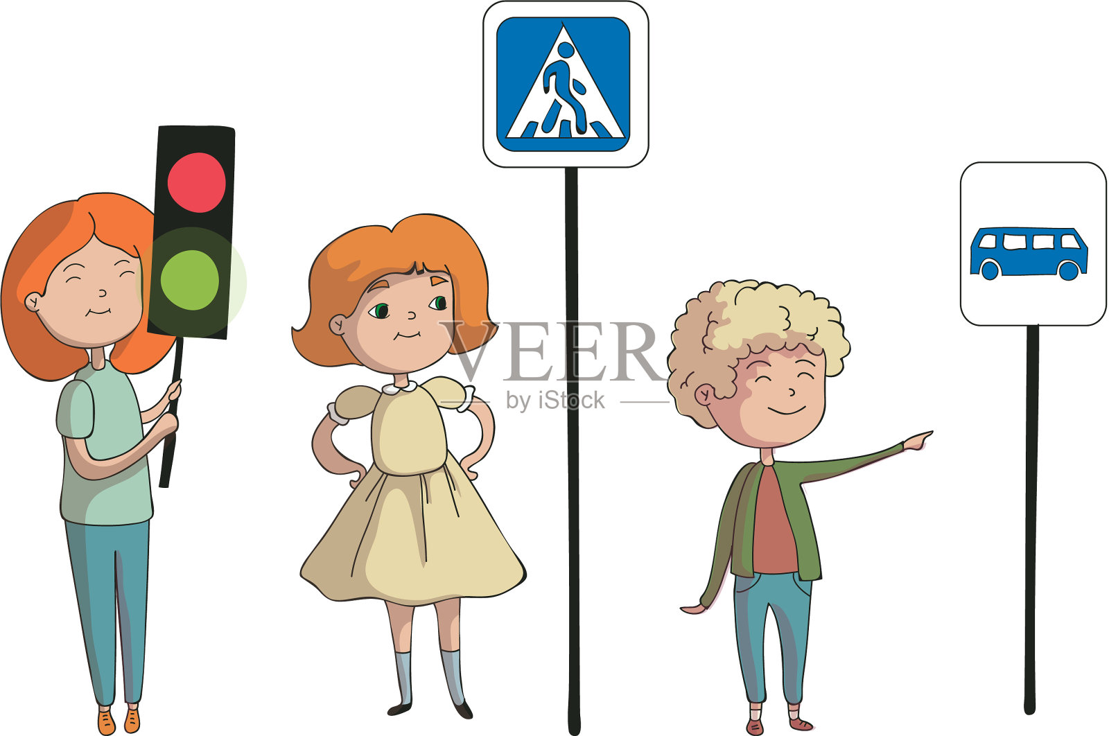 孩子们站在方向标志附近插画图片素材