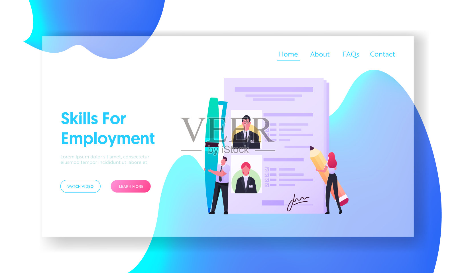 求职者搜索工作登陆页模板。工作描述，招聘猎头，小雇主字符阅读简历，学习互联网资源。卡通人物矢量插图插画图片素材