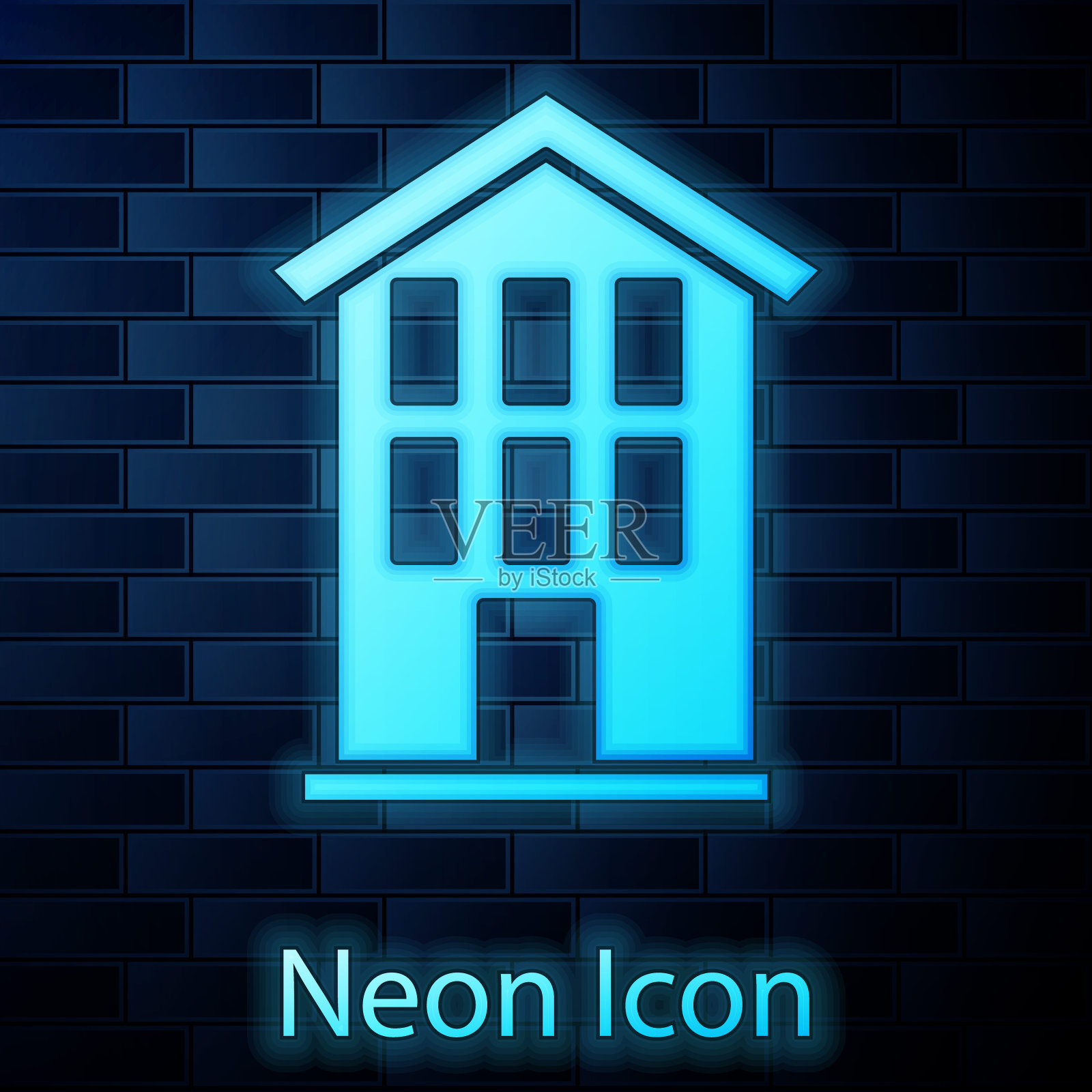 霓虹灯房子图标孤立在砖墙背景上。家的象征。向量插画图片素材