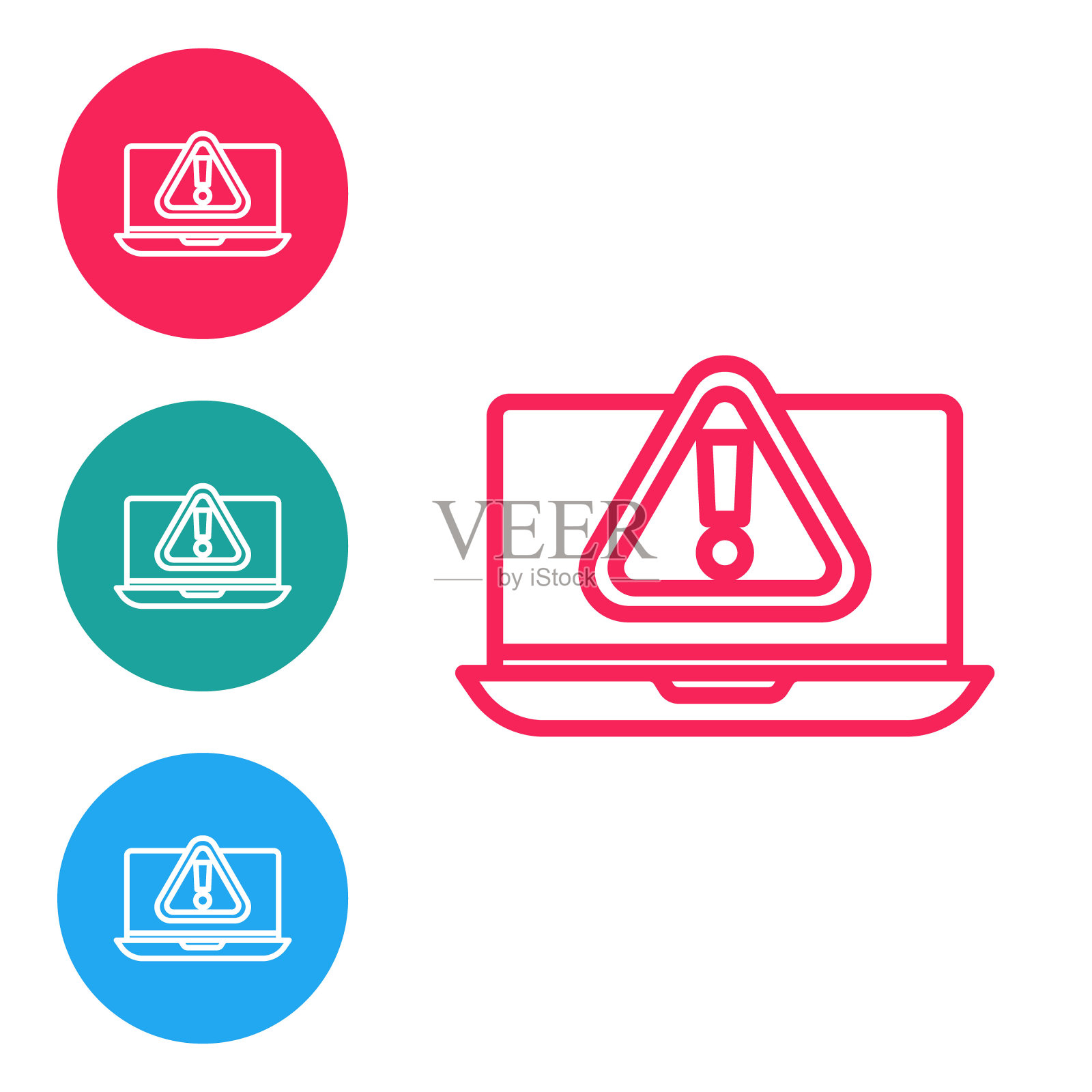 红色线笔记本电脑与感叹号图标隔离在白色背景。警报消息智能手机通知。在圆形按钮中设置图标。向量插画图片素材