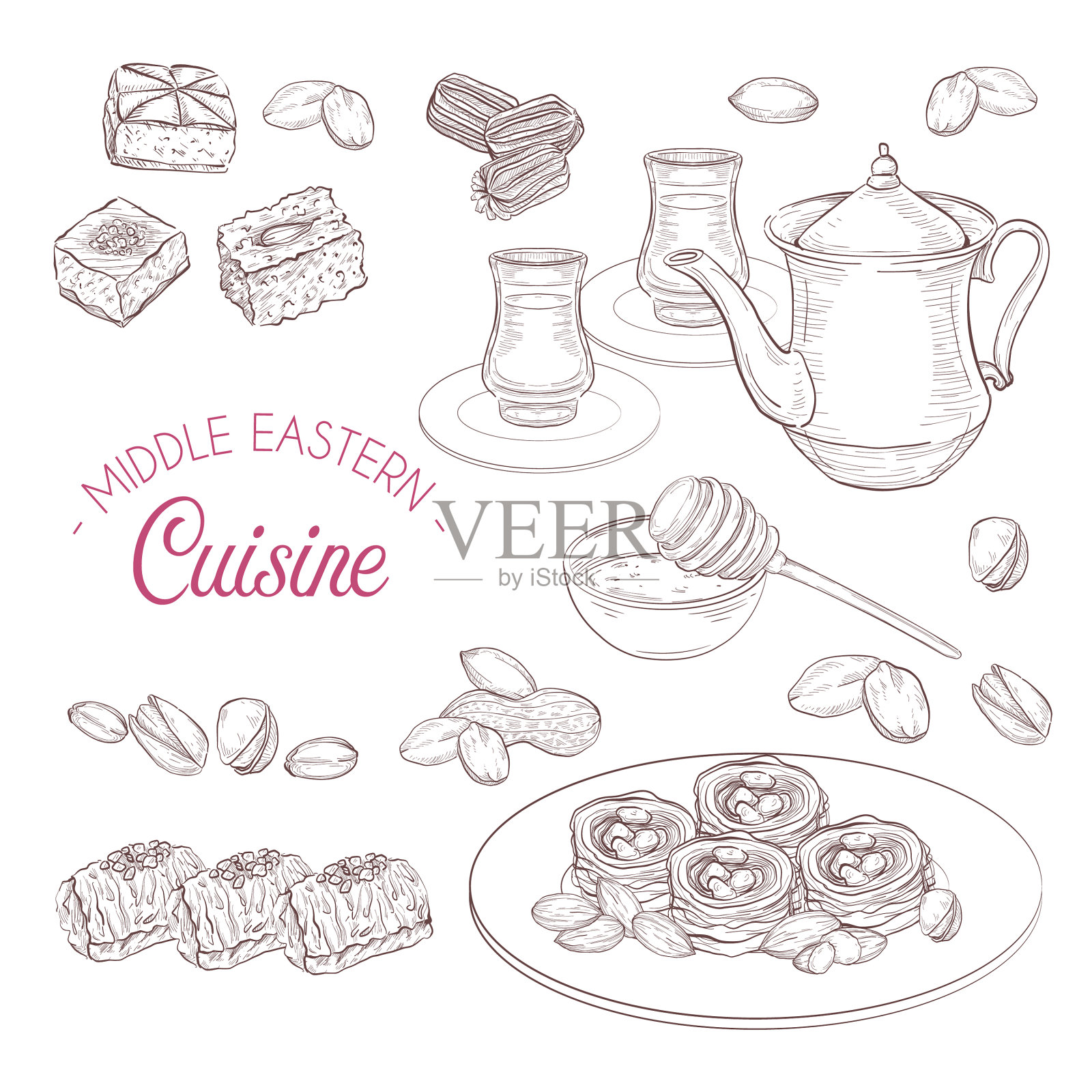 阿拉伯食品、中东糖果和茶插画图片素材