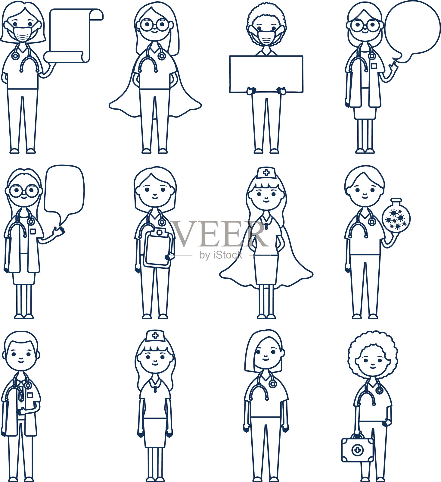 卡通医生人物图标设置线条风格图标素材