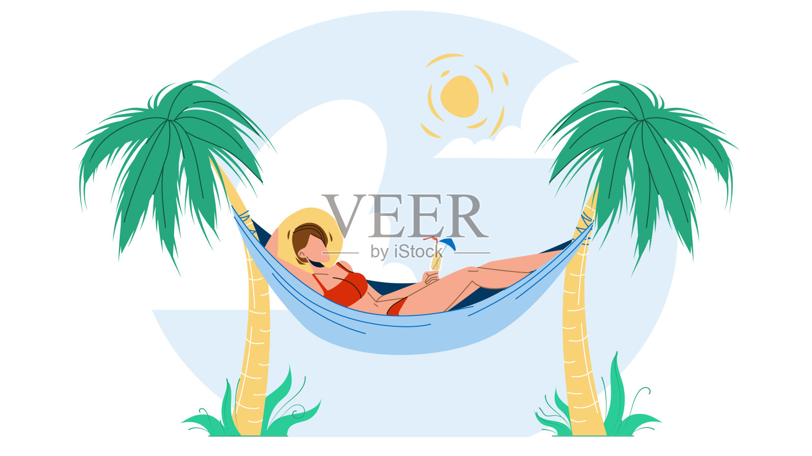 在吊床上喝着鸡尾酒放松的女人插画图片素材