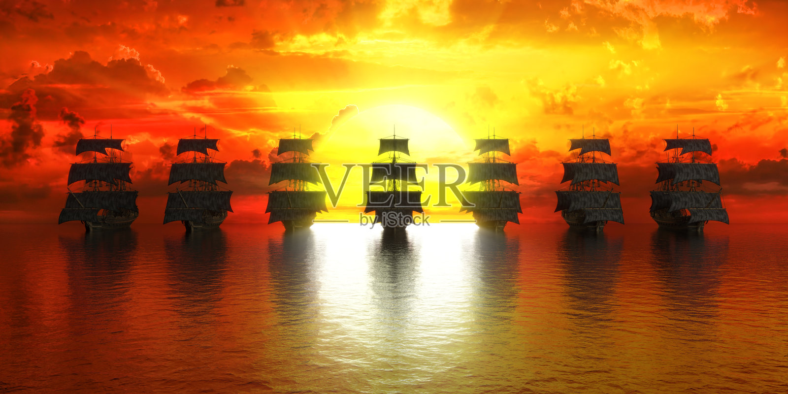 夕阳西下，一群船迎着夕阳照片摄影图片