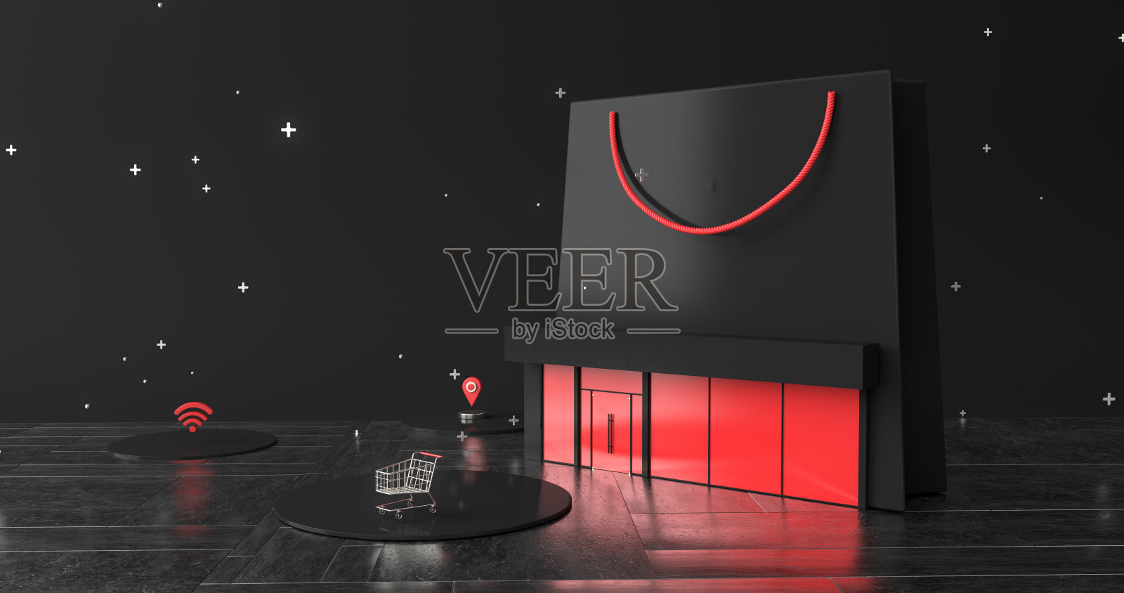 购物车和购物袋的3d渲染。照片摄影图片