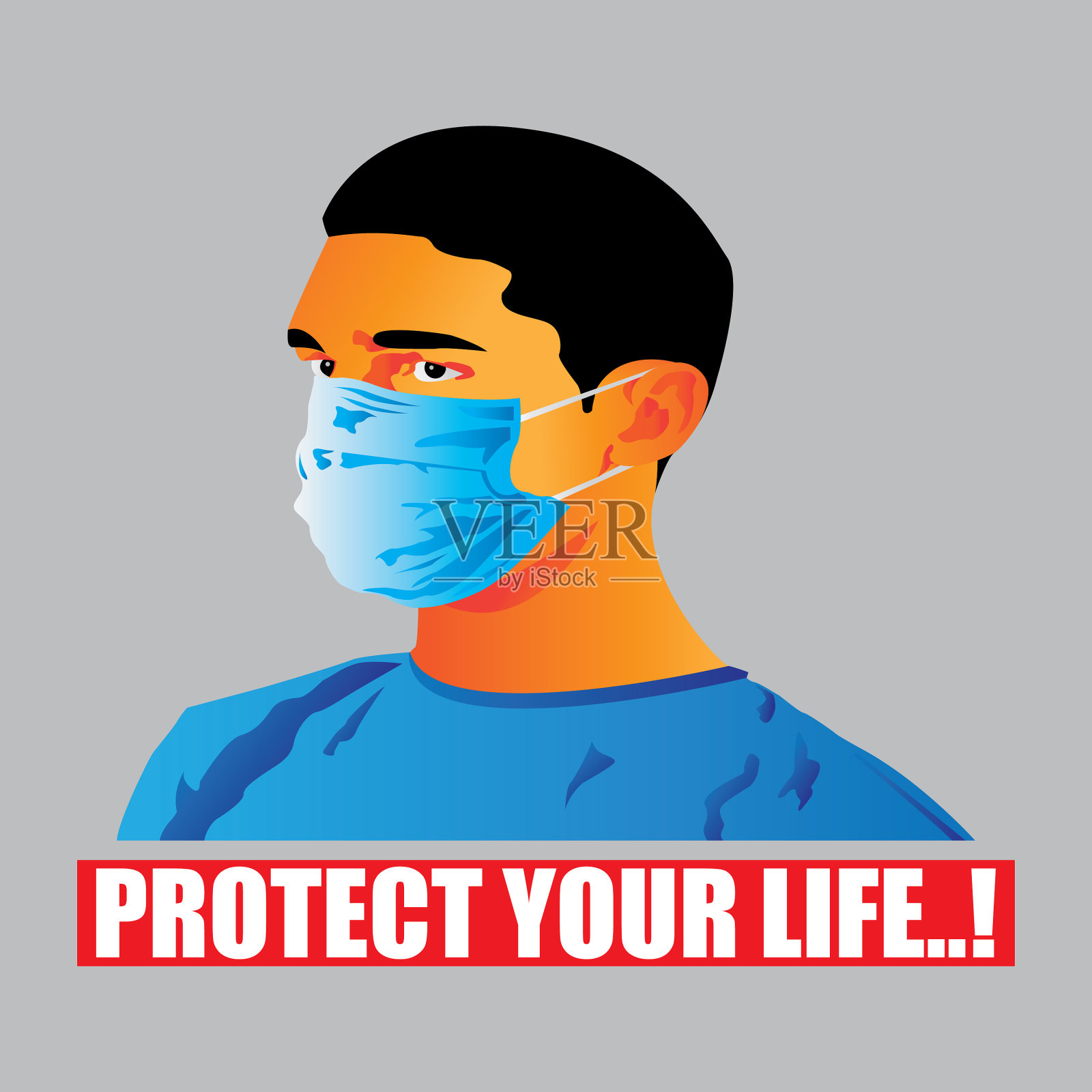 男子戴着蓝色医用防护口罩插画图片素材