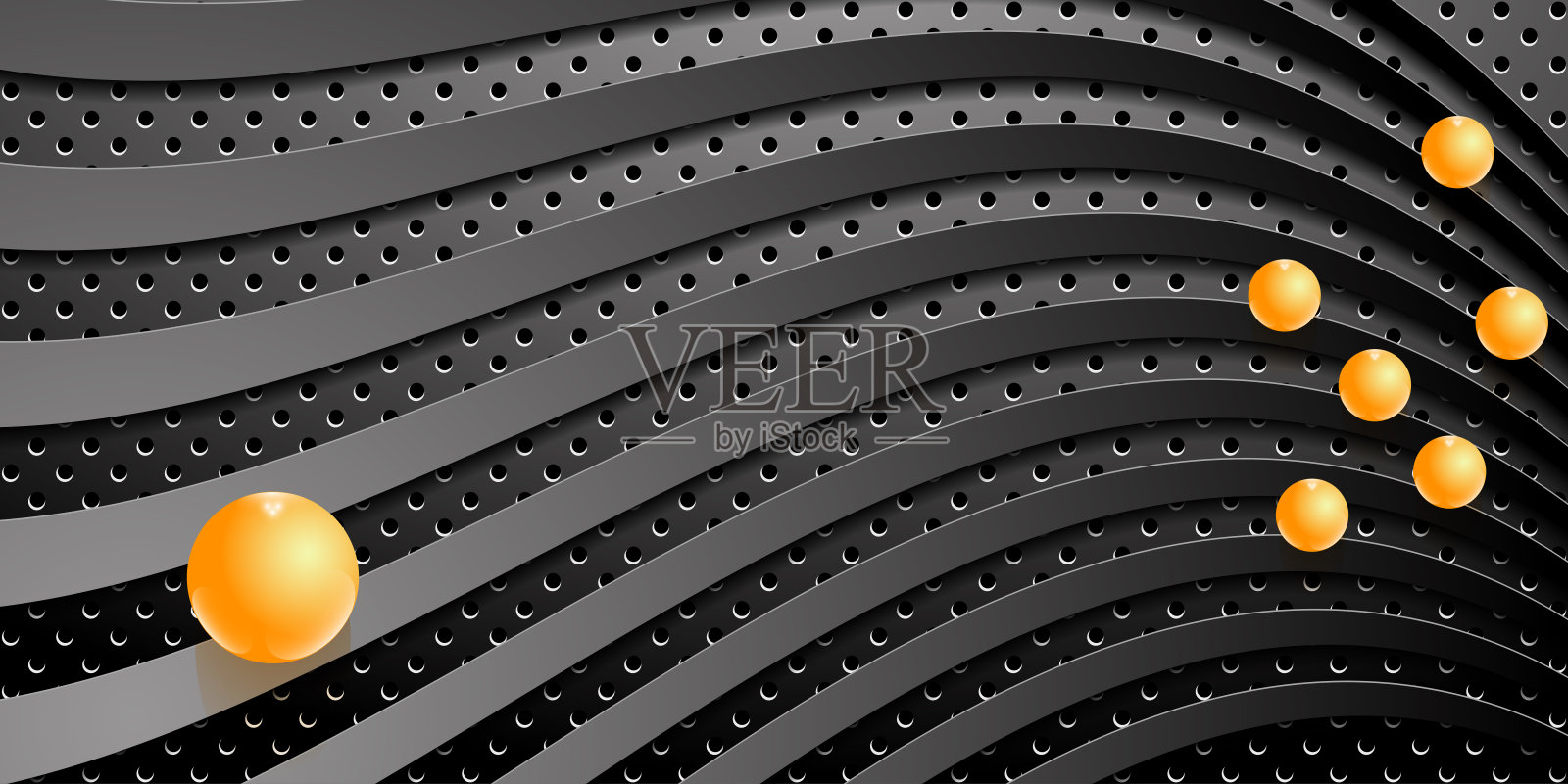 黑暗的技术背景。黑色穿孔金属与波浪纹理和玻璃球插画图片素材