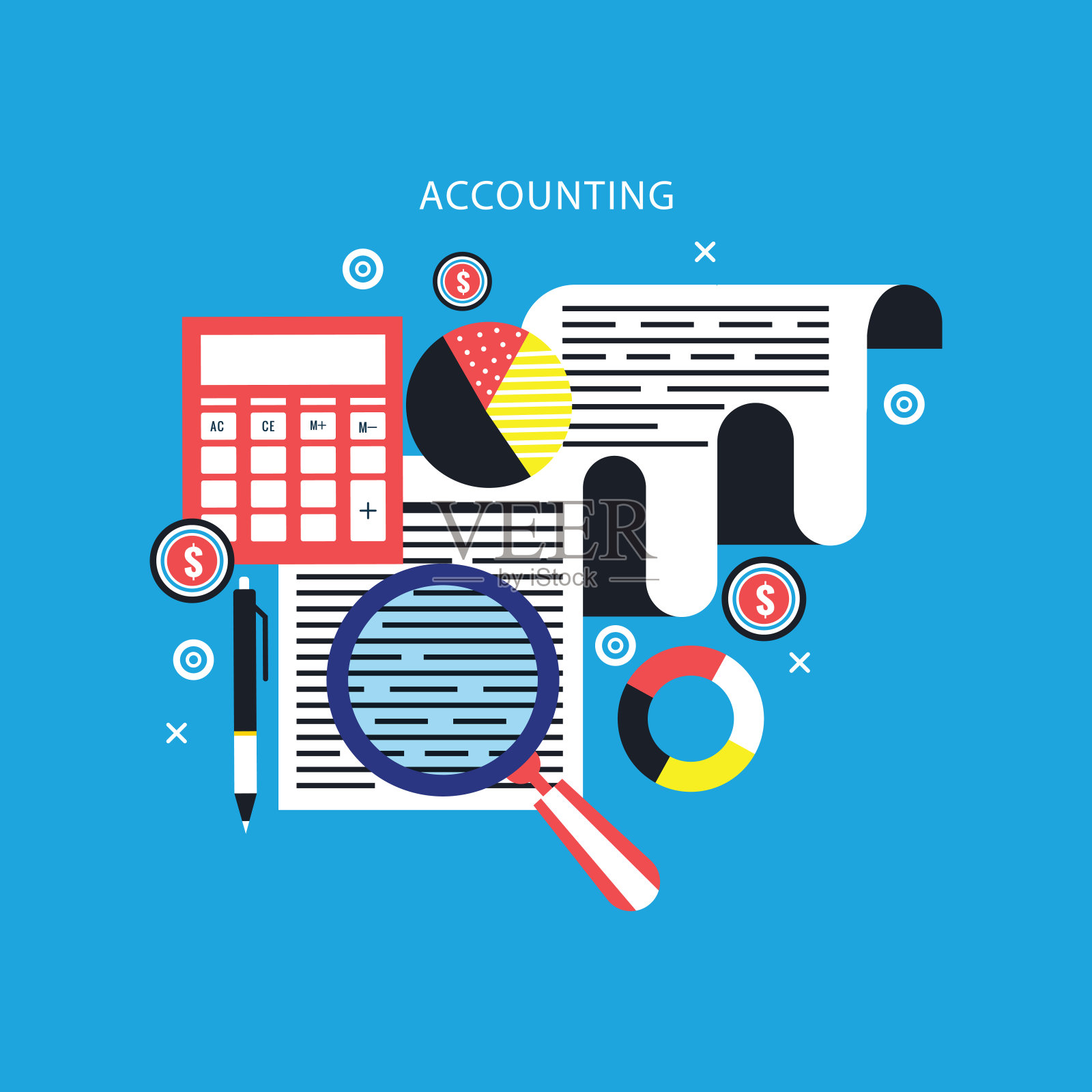 纸质文件、放大镜、计算器、饼图会计和审计服务预算计划插画图片素材