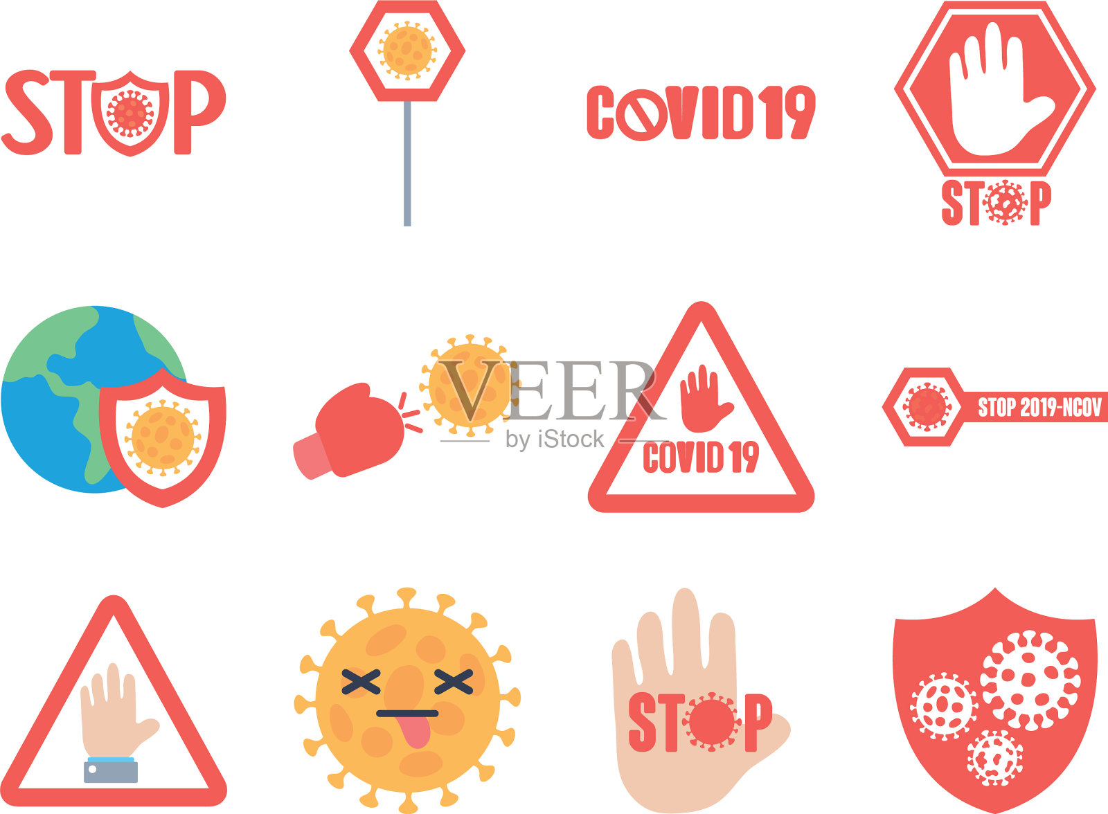 图标将停止covid - 19和停止标志设置为平坦的图标素材
