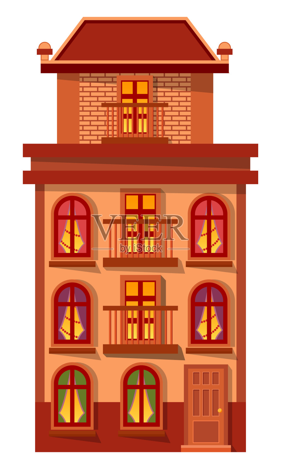 傍晚的砖房，窗户上的灯光插画图片素材