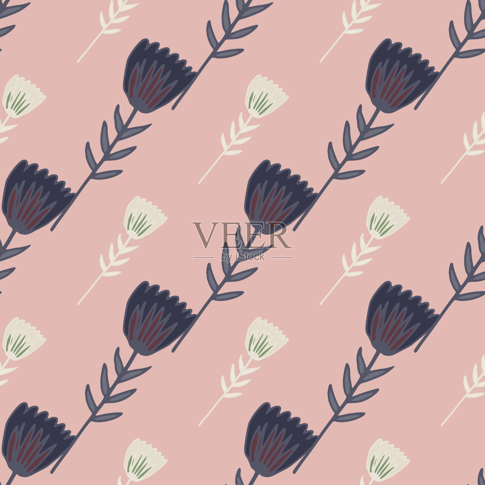 对角线无缝花图案与轮廓花在深蓝色和白色调。柔和的浅粉色背景。插画图片素材