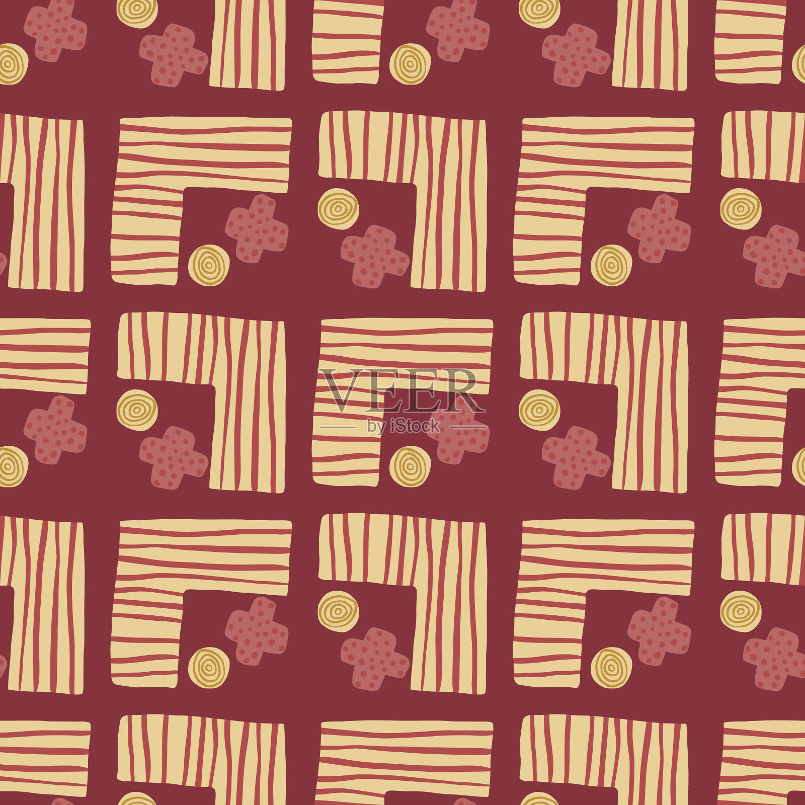抽象几何装饰无缝图案。红色背景上带条的简单图形。插画图片素材