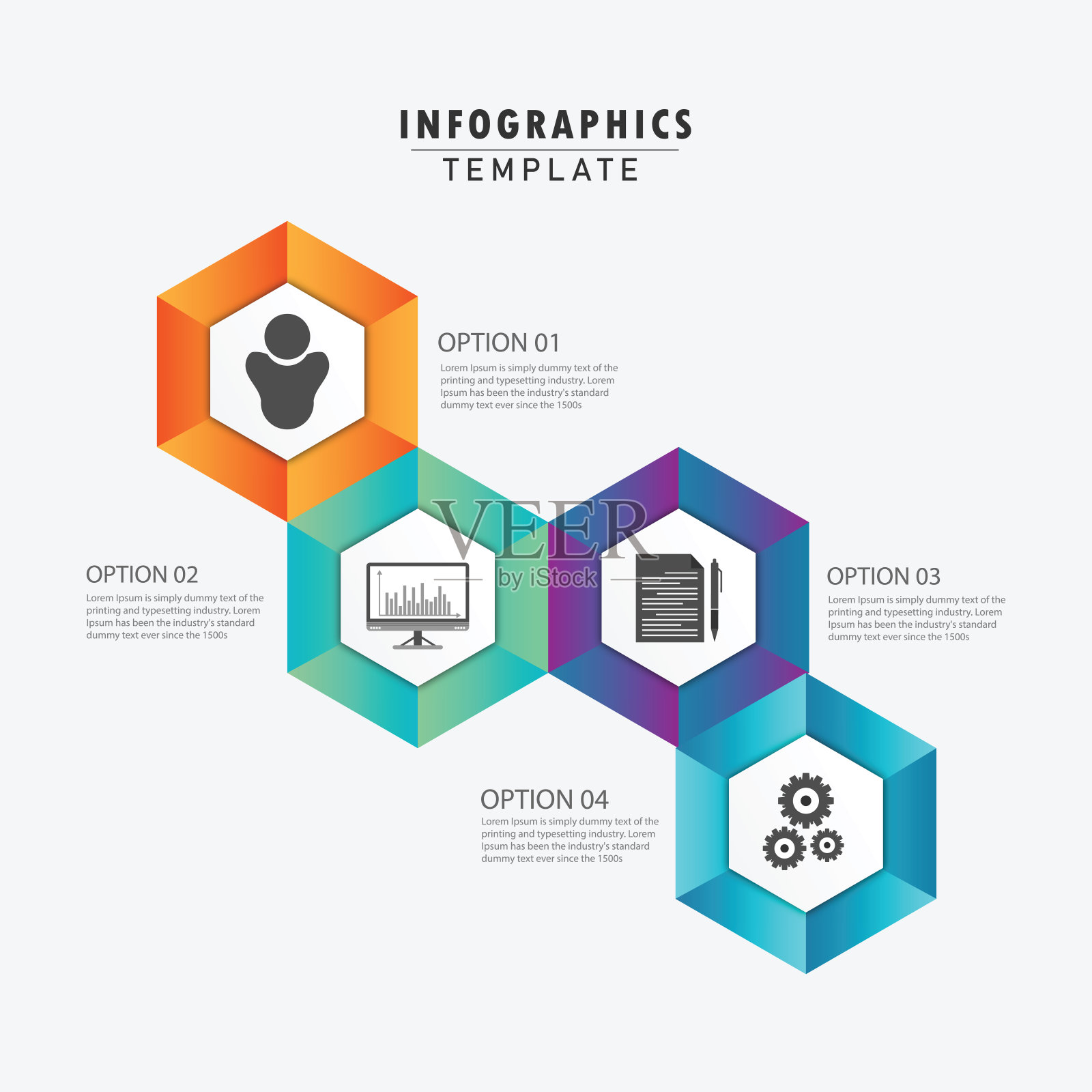 时间轴现代矢量插图3D。信息图形模板与四个六边形的元素插画图片素材