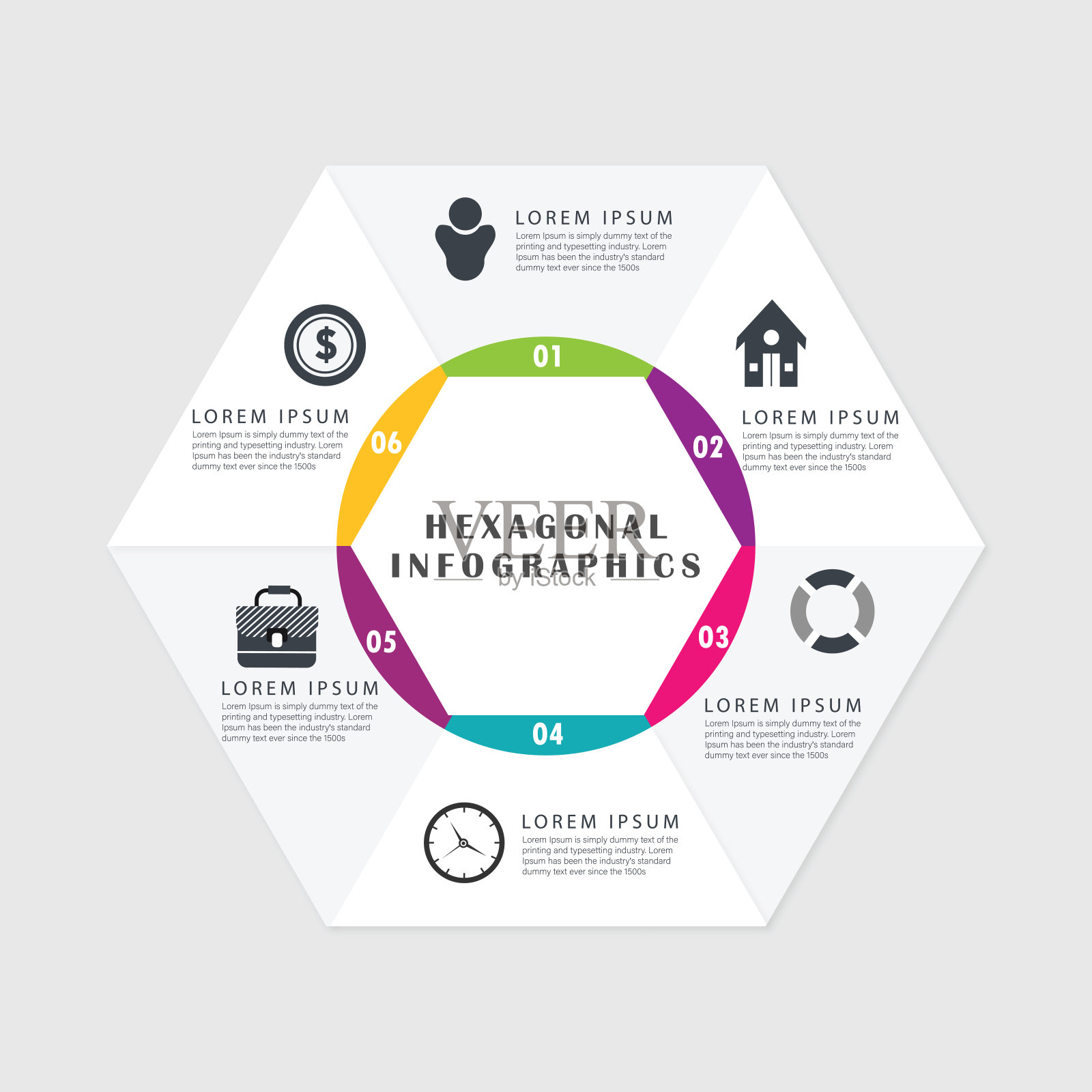 现代六边形信息图形模板6个选项的工作流程布局，图表，数字选项，步骤选项，网页设计和演示设计模板素材