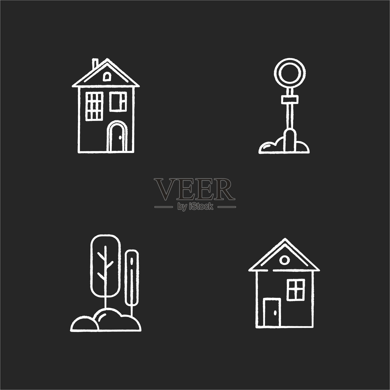 郊区生活粉笔白色图标设置在黑色背景图标素材