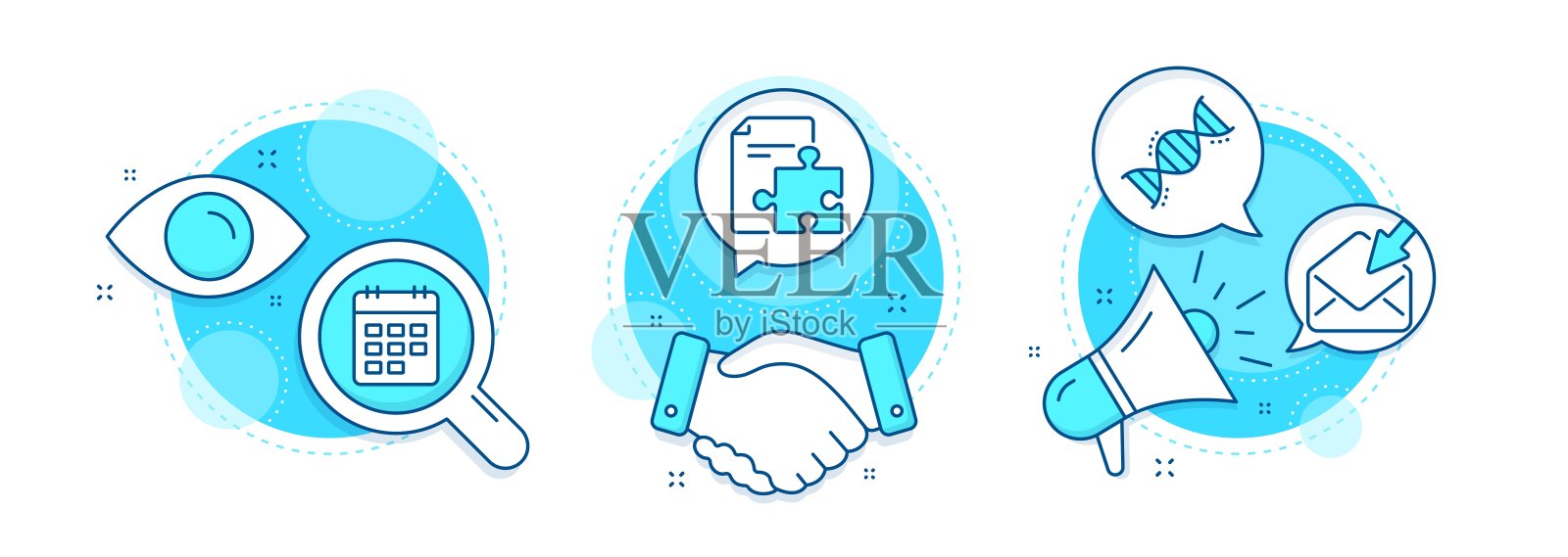 日历，化学dna和打开邮件图标集。战略的迹象。事件提醒，化学公式，查看电子邮件。向量插画图片素材