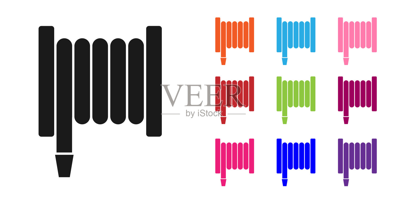 黑色消防水带卷轴图标孤立在白色背景。设置图标丰富多彩。矢量图图标素材