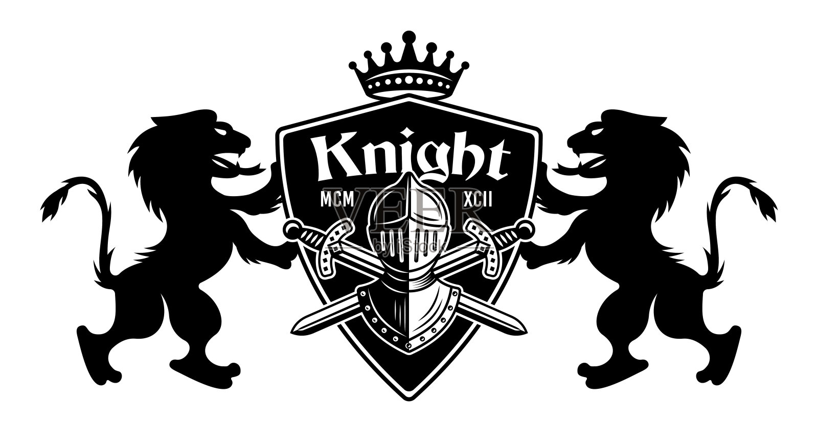 狮子持有盾牌与骑士头盔和两个交叉的剑矢量插图。皇家徽章在复古单色风格设计元素图片