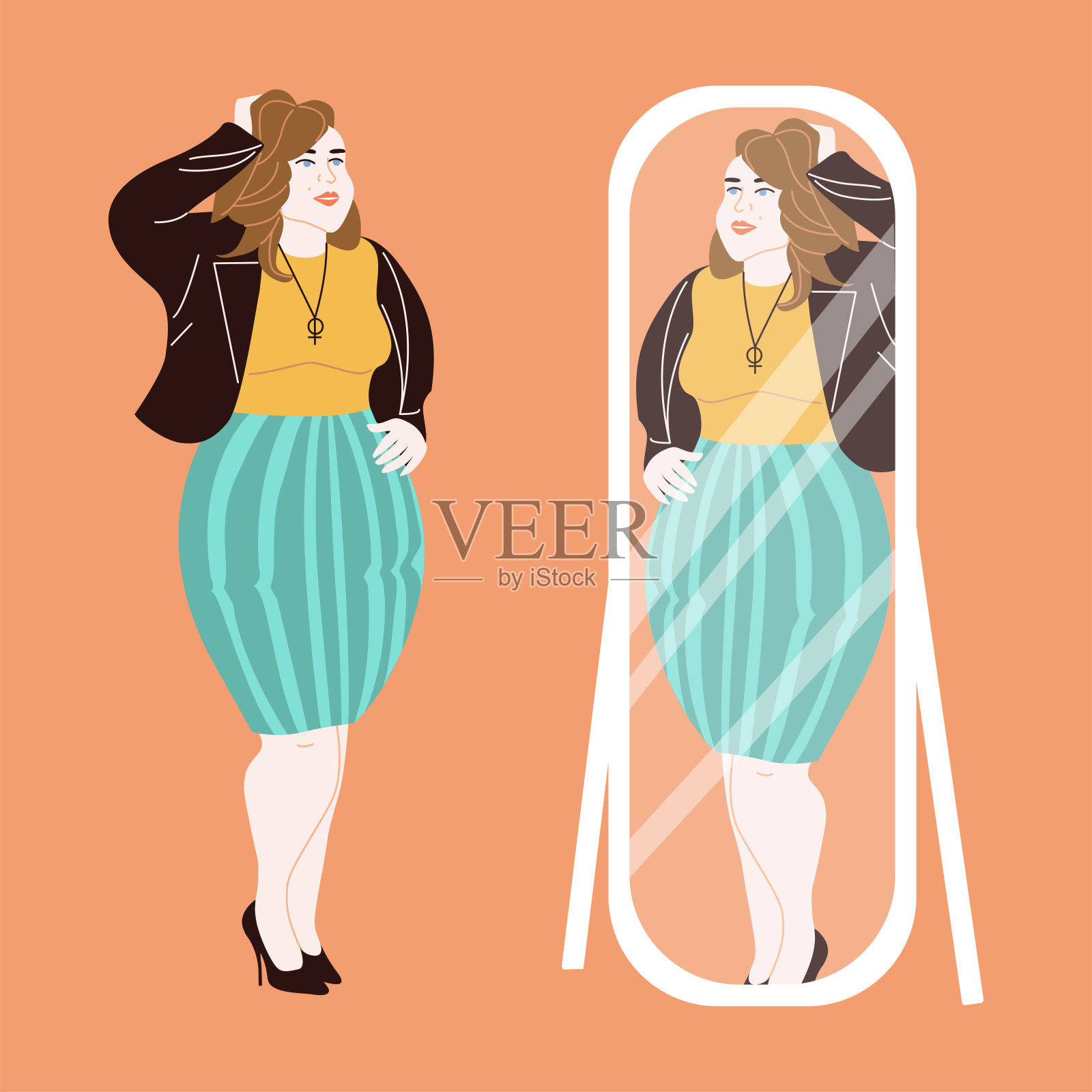在镜子前展现的是一个曲线优美、自信的女人。插画图片素材