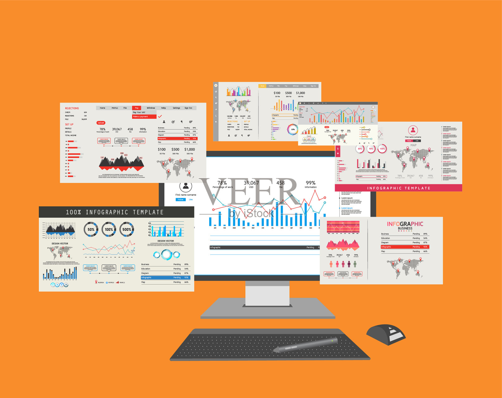 信息图表仪表板。材料特性，用于商业教育，未来设计，仪表盘插画图片素材