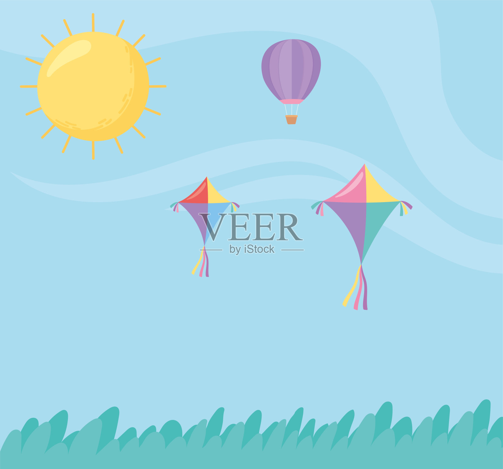 天空飞翔的风筝热气球太阳草地卡通插画图片素材
