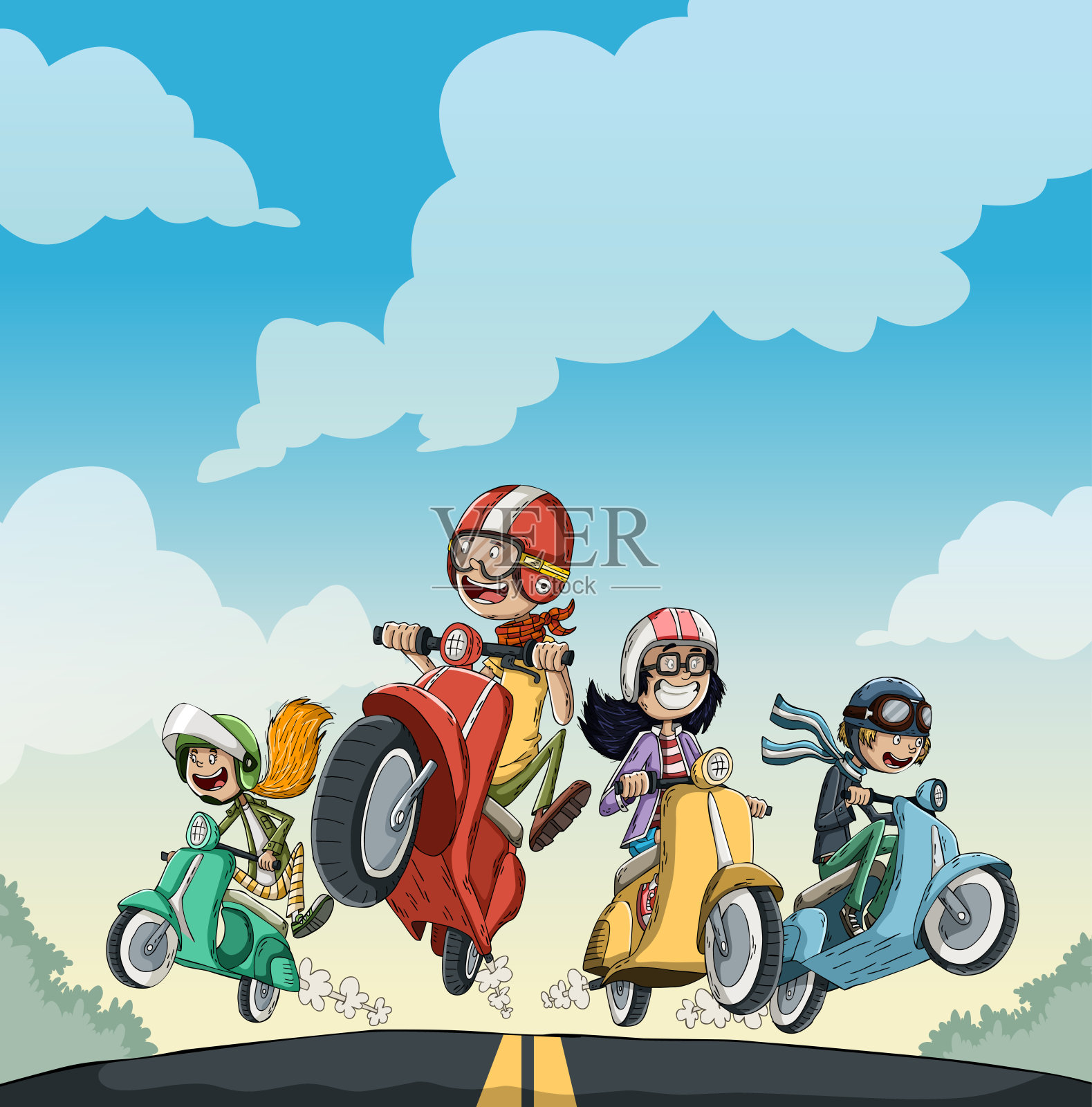 戴着头盔骑着摩托车的卡通人物。插画图片素材