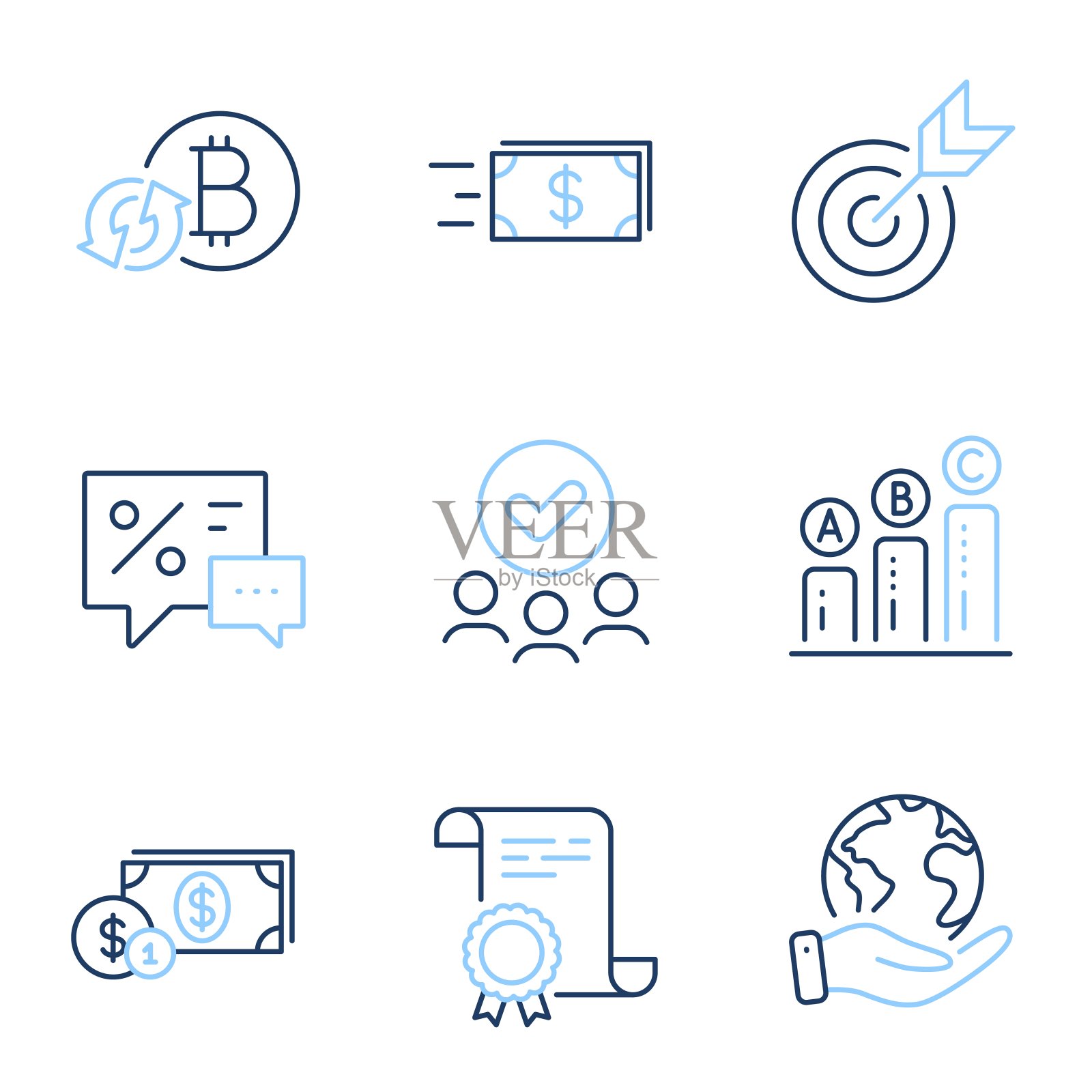 折扣，塔吉特和美元金钱图标集。转账，刷新比特币和图表符号。向量图标素材