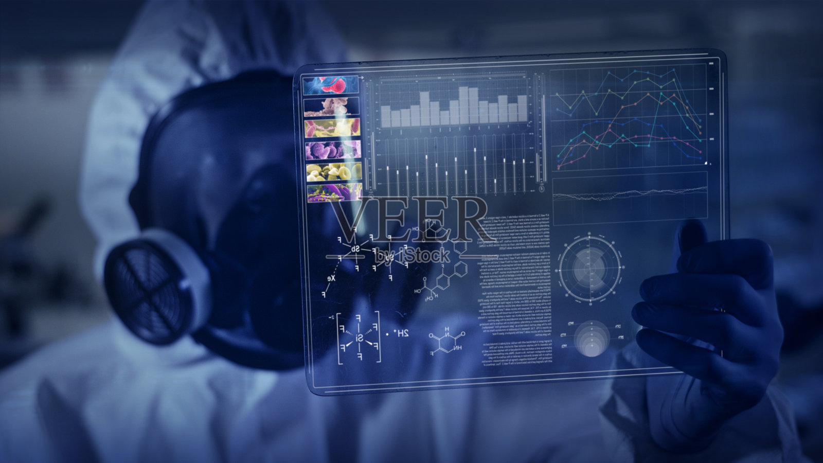 穿着干净衣服研究细菌突变的科学家。虚拟触屏。照片摄影图片