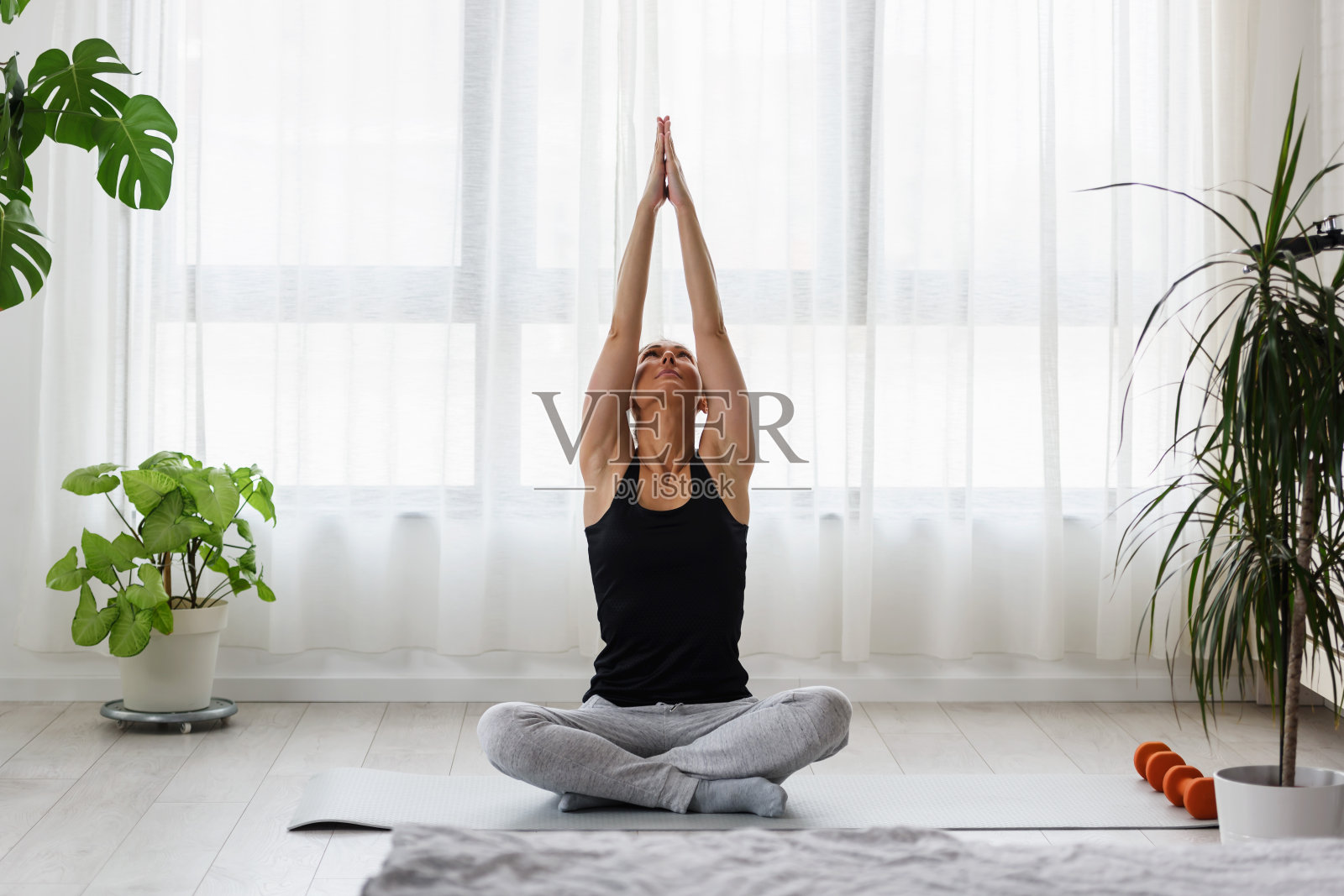 年轻女子在家里练习瑜伽练习在大窗户的早上照片摄影图片