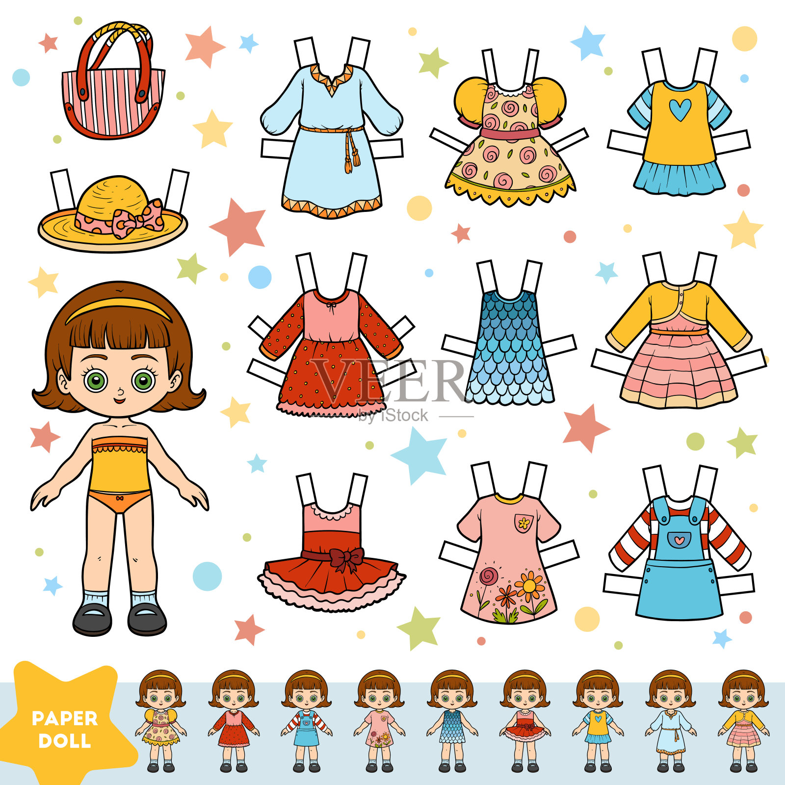 卡通向量集，可爱的纸娃娃和一套夏天的衣服设计元素图片