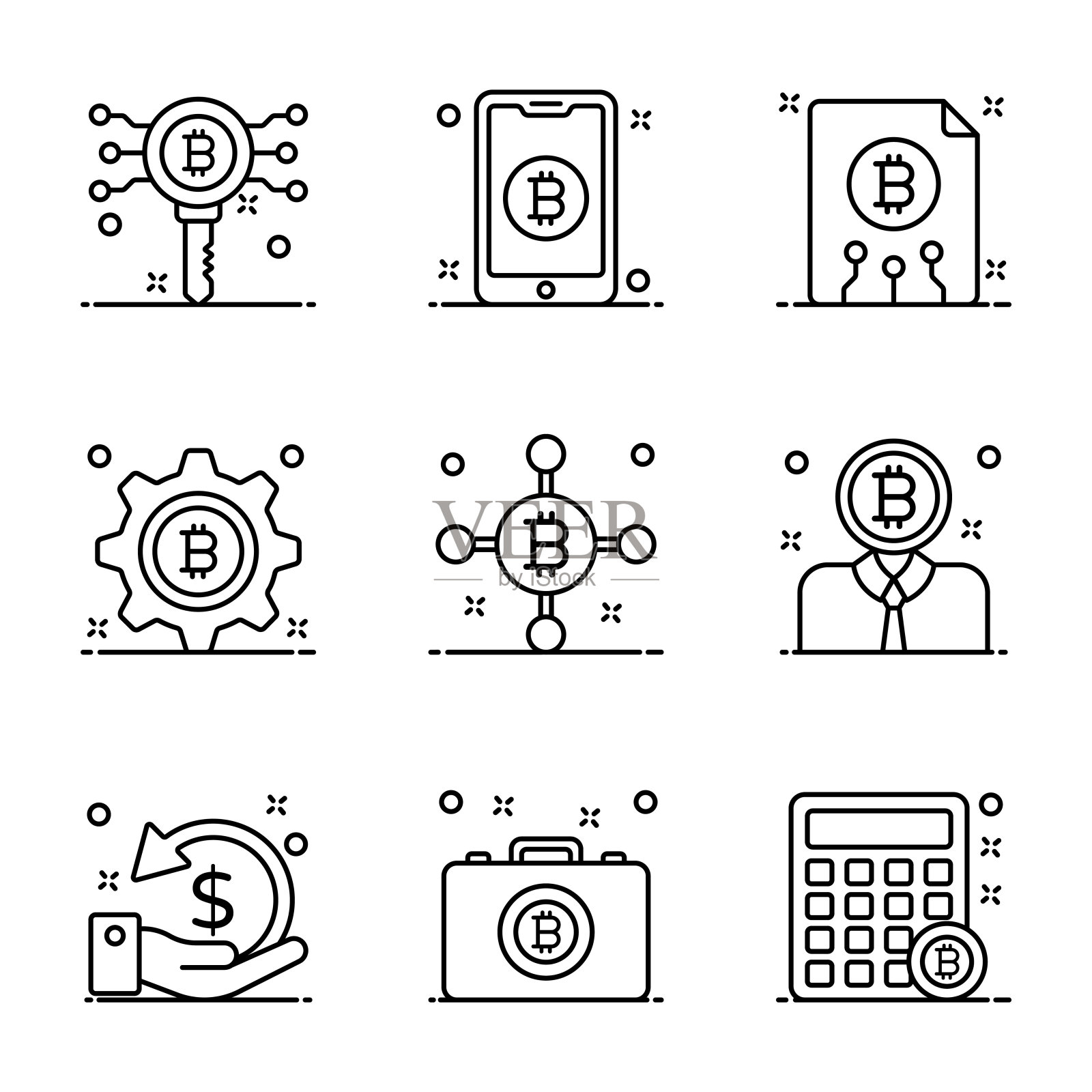 数字货币线图标包在现代风格插画图片素材