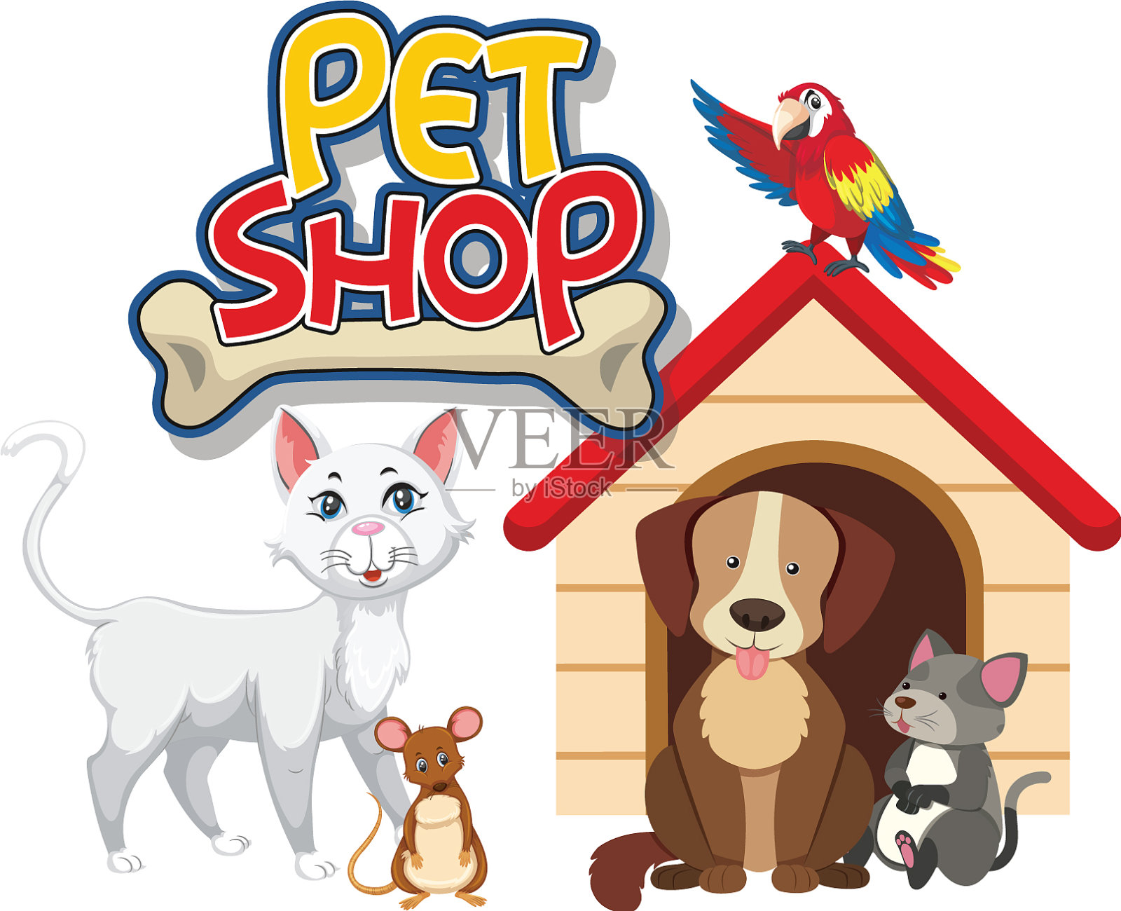 字体设计的宠物店有许多可爱的动物插画图片素材
