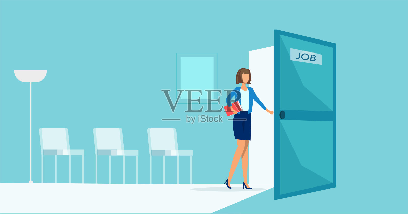 一个商业女性进入办公室面试的矢量插画图片素材